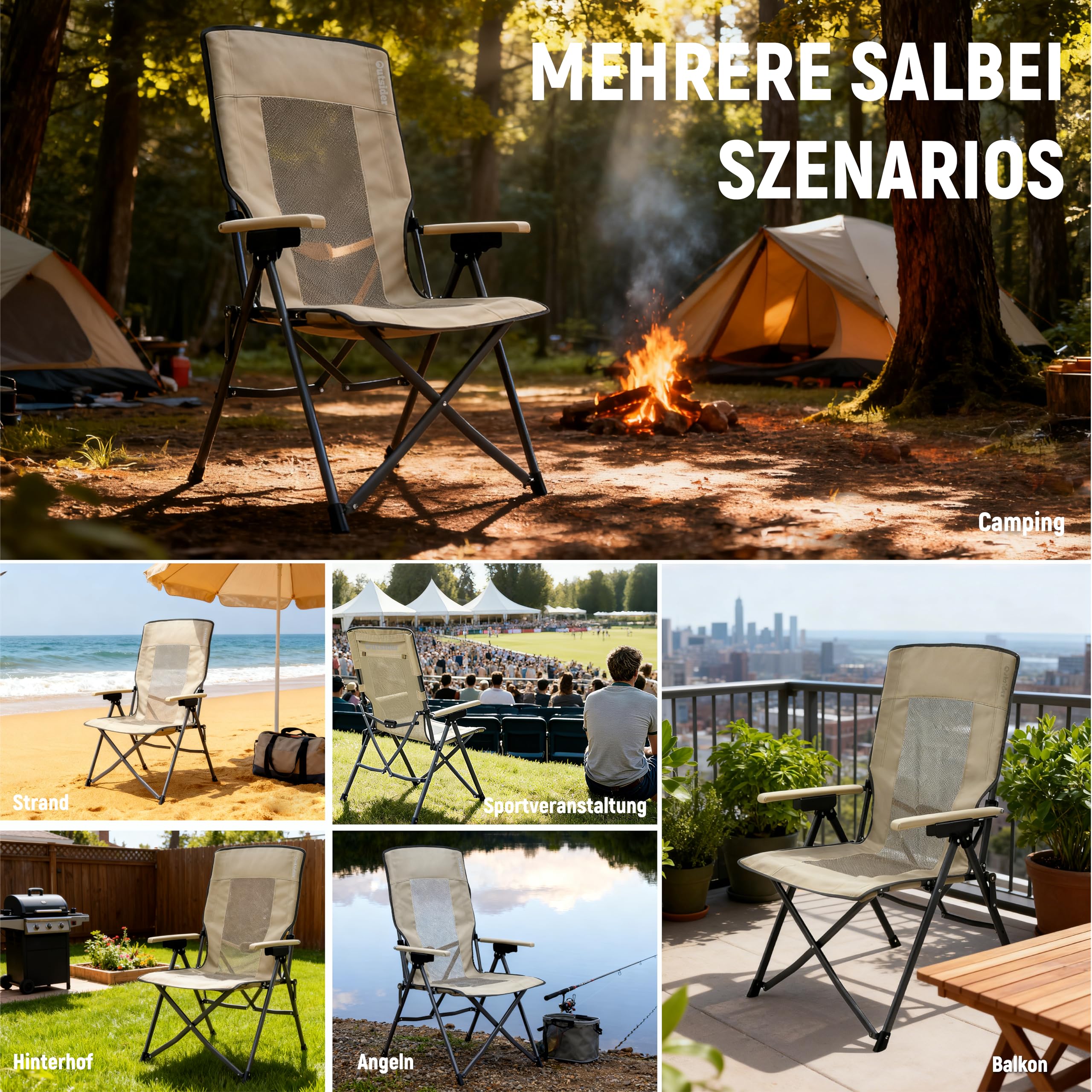 OUTSIDER Campingstuhl Klappbar Anglerstuhl Mit Verstellbarer Rückenlehne | 3-Fach Verstellbar Bis 150 kg, Atmungsaktives Netzgewebe, 600D Oxford, Tasche Für Camping, Angeln & Garten