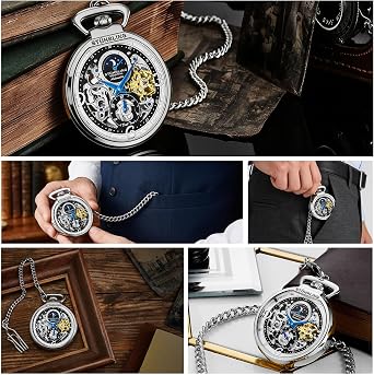 Stuhrling Original Mens Automatic Pocket Watch Skeleton Dial Pocket Watch with Chain Collectible Watch Sun Moon Subdial Vintage Style Battery-Free Pocket Watch for Men Silver Automatic Mechanical