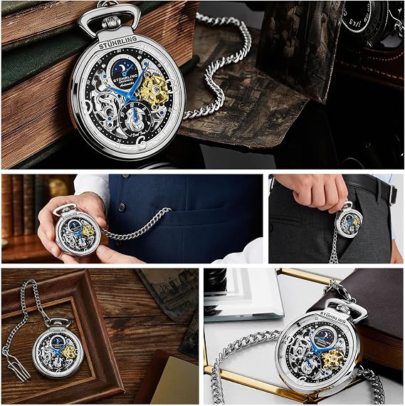 Stuhrling Original Mens Automatic Pocket Watch Skeleton Dial Pocket Watch with Chain Collectible Watch Sun Moon Subdial Vintage Style Battery-Free Pocket Watch for Men Silver Automatic Mechanical