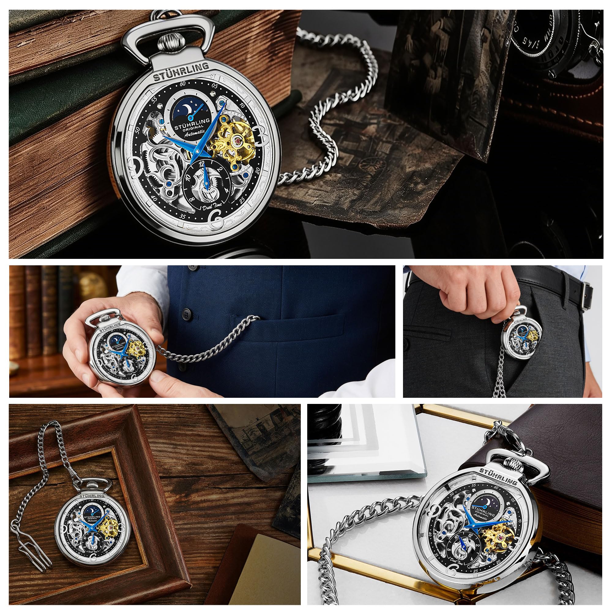 Stuhrling Original Orologio da tasca automatico da uomo, orologio da tasca a carica automatica con catena in acciaio inossidabile, sole/luna