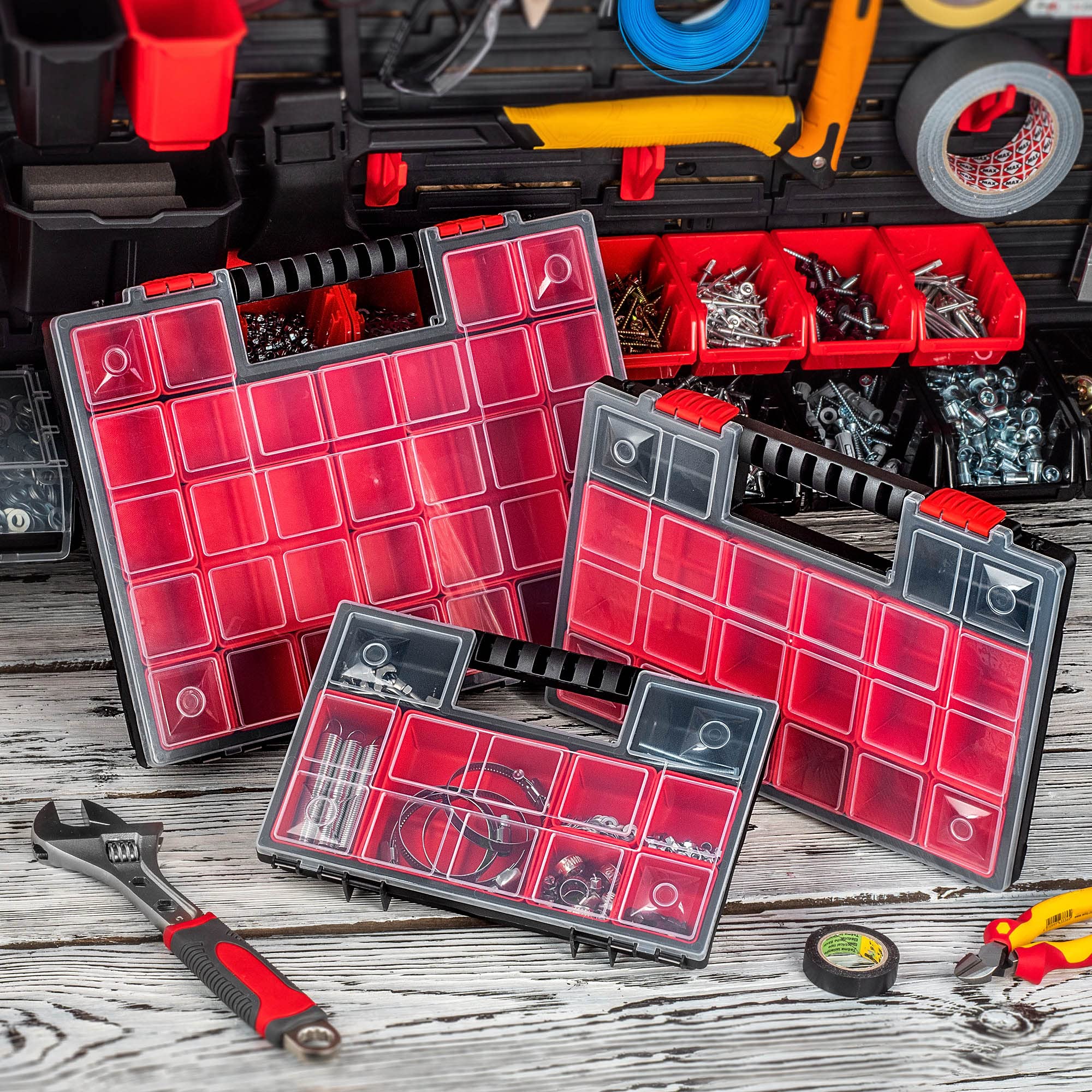 KADAX Organizer con Coperchio Trasparente – Cassetta Porta Minuteria a Scomparti per Viti, Bulloni, Ferramenta, Officina e Garage – Plastica Resistente (40 x 30 cm, 12 Pezzi)