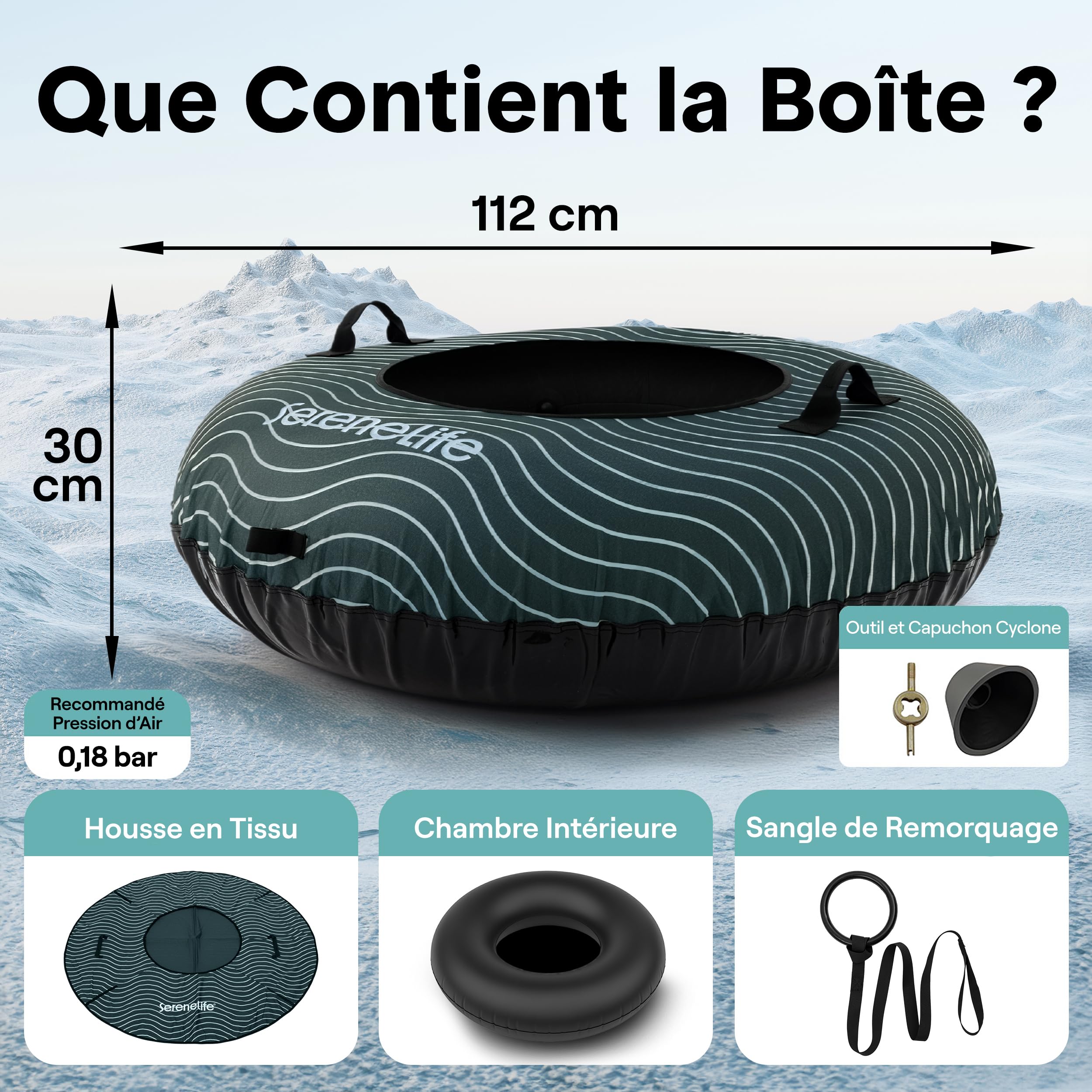 SereneLife Luge Gonflable 112/122 cm – Tube de Neige Résistant avec Coque Rigide et Housse Oxford – pour Enfants et Adultes