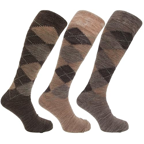 3x Pairs of Mens Long Length Lambswool Blend Argyle Design Socks/UK 6-11 Eur 39-45 - 6-11 - Assorted Brown Argyle