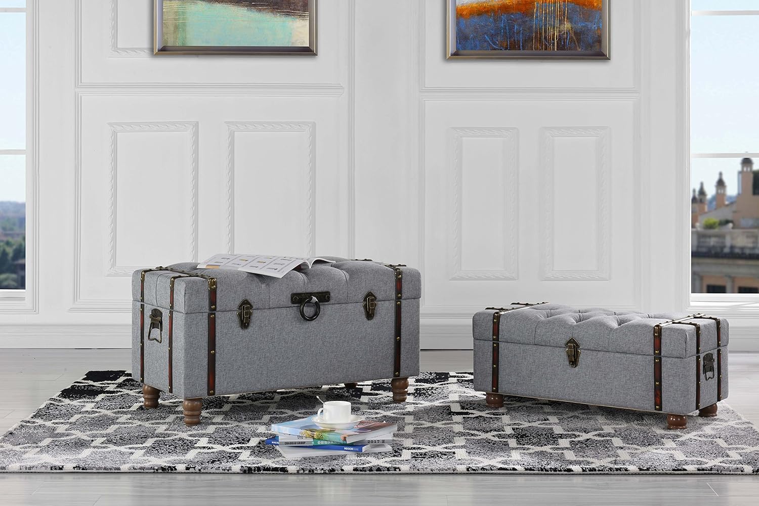 Sofamania 2Piece Classic Tufted Linen Fabric Storage