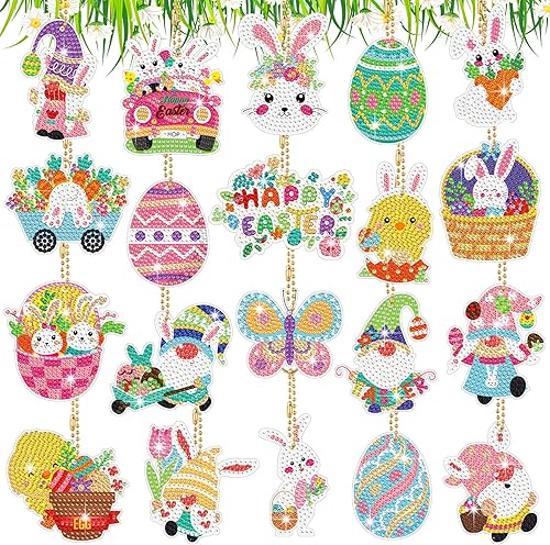 20 llaveros de pintura de diamantes de Pascua DIY con diseño de mosaico de conejito de diamante colgantes huevos de Pascua arte de diamante 5D