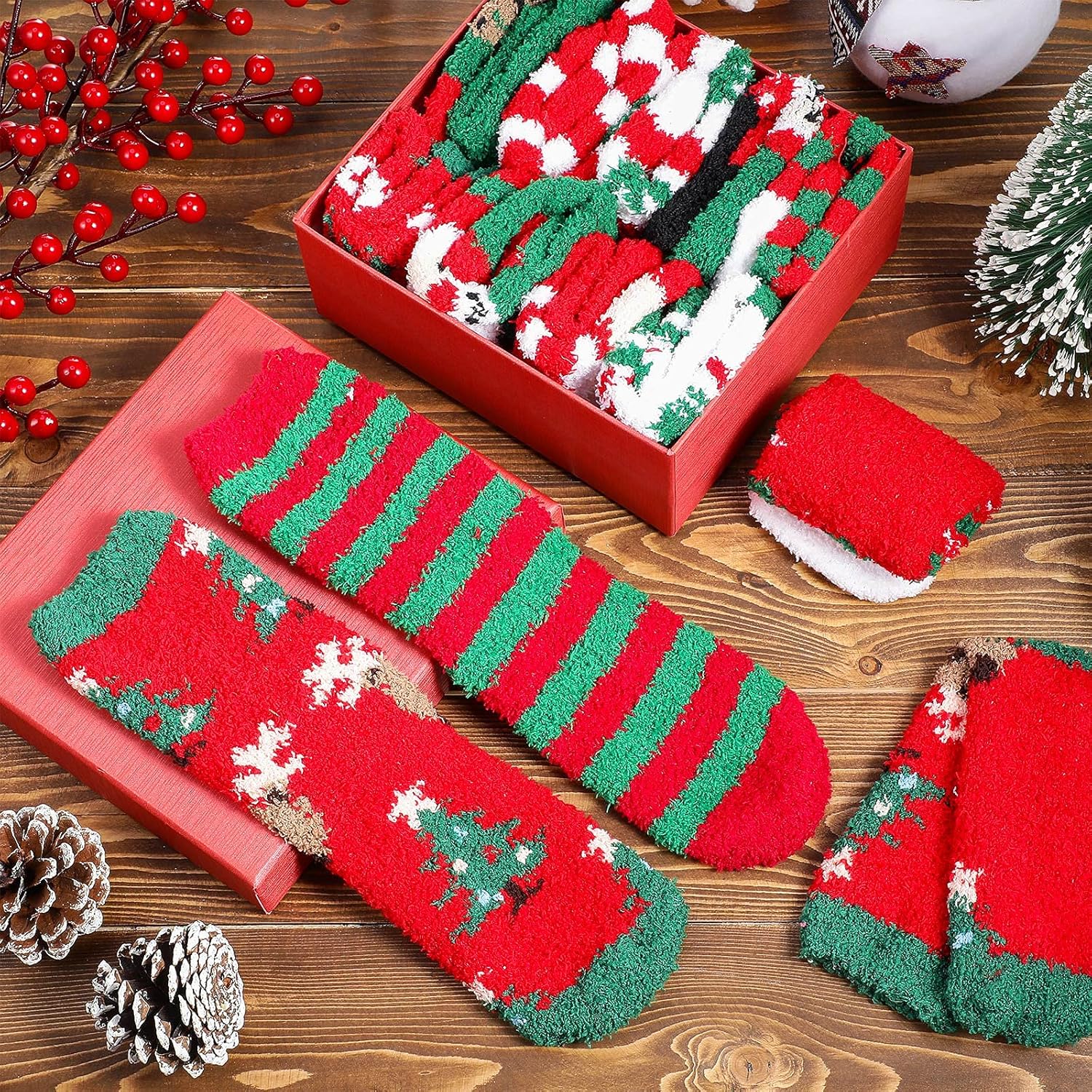 SATINIOR 24 Pairs Christmas Fuzzy Winter Warm Slipper Socks, Xmas Coral Fleece Colorful Moose Santa Crew Sleep Socks for Women Girls, US Women Size 5-10 - Image 5