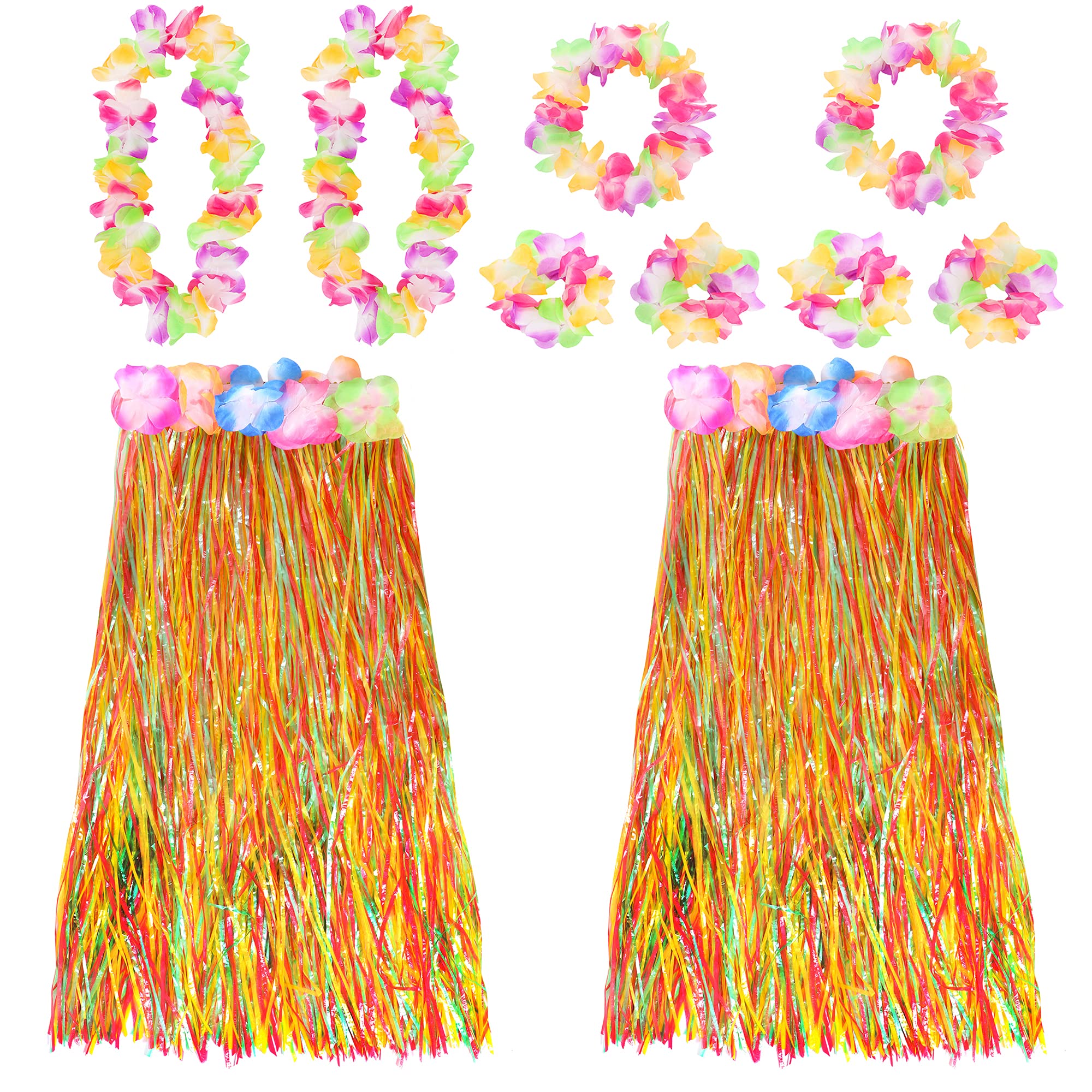 Multicoloured Hawaiian Hula Skirt and Multicoloured Lei Set X2 - Flower Necklace, Headband and Bracelet - 80cm Grass Hula - Luau - Fancy Dress Costume Accessory