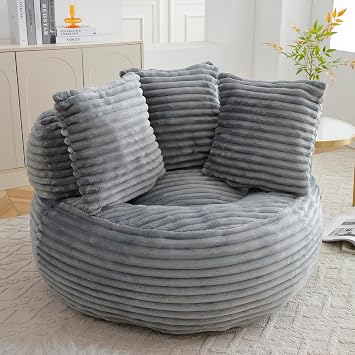 Bean Bag Chair, Giant Bean Bag Chairs for Adults, Kids, Oversized Corduroy Bean Bag Couch with Pillows, Comfy Stuffed Beanbag Filler Reading Chair, Accent Floor Sofa for Living Room, Grey