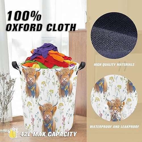 Miniatura 6 de Highland Cow - Cesta plegable de tela Oxford con diseño de flores, divertida bolsa de lavandería, organizador de cubo de almacenamiento de ropa,