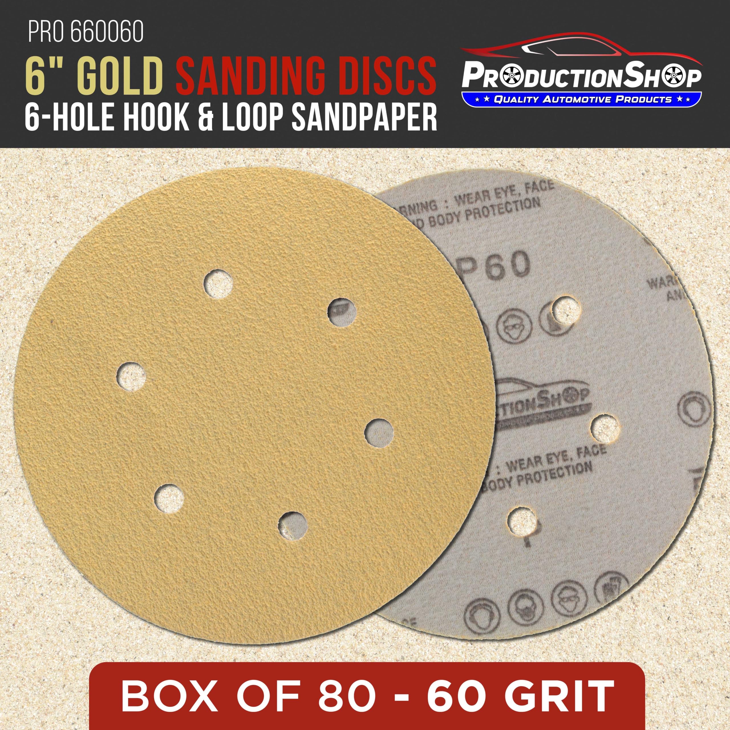 ProductionShop Discos de lijado dorados de grano 60 de 6 pulgadas, patrón de 6 agujeros, caja de 80 – Papel de lija de respaldo de velcro sin polvo para lijadoras orbitales DA y aleatorias, pintura de
