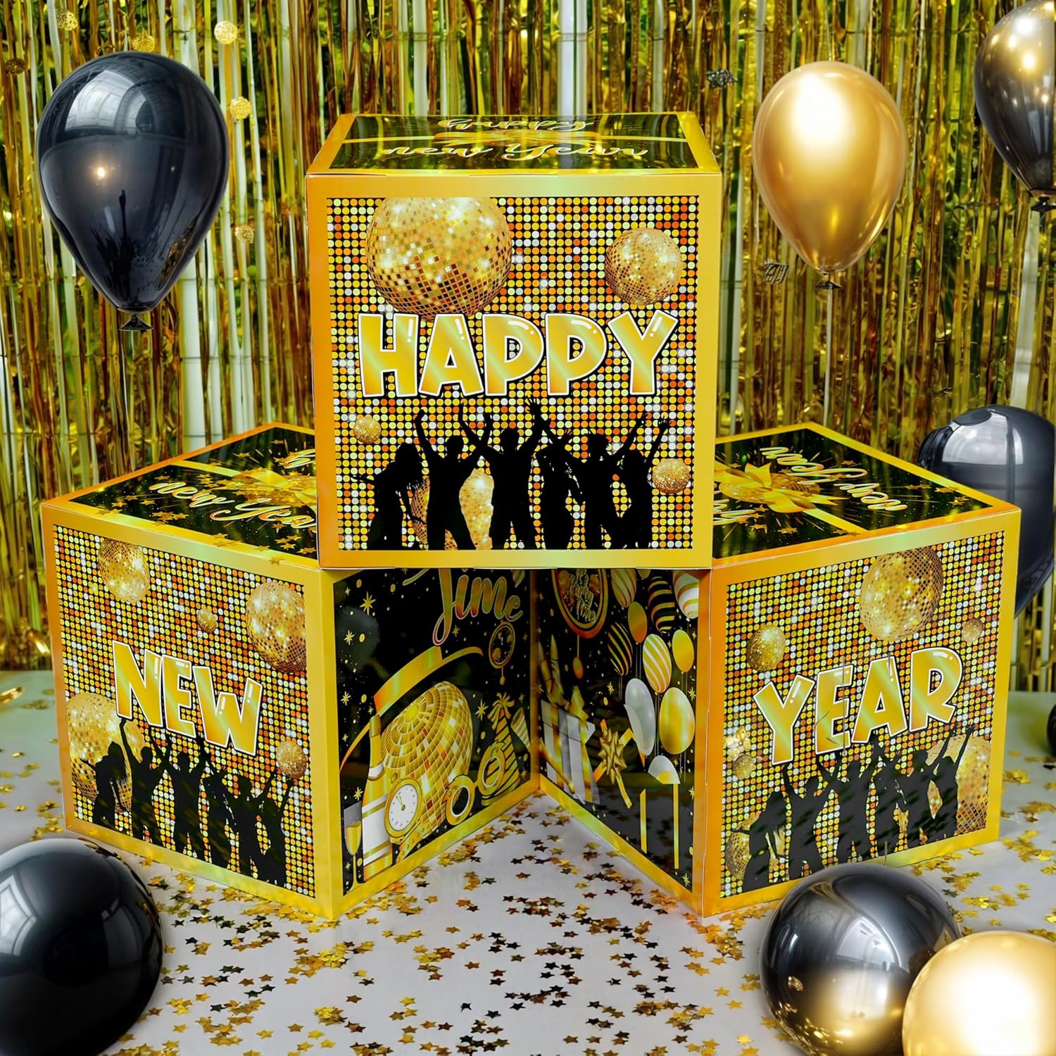 KatchOn, Happy New Year Decorations 2026 Set – Pack of 15 | Balloon Confetti Boxes Set with Happy New Year Hats | NYE Party Supplies 2026 | New Years Eve Party Supplies 2026