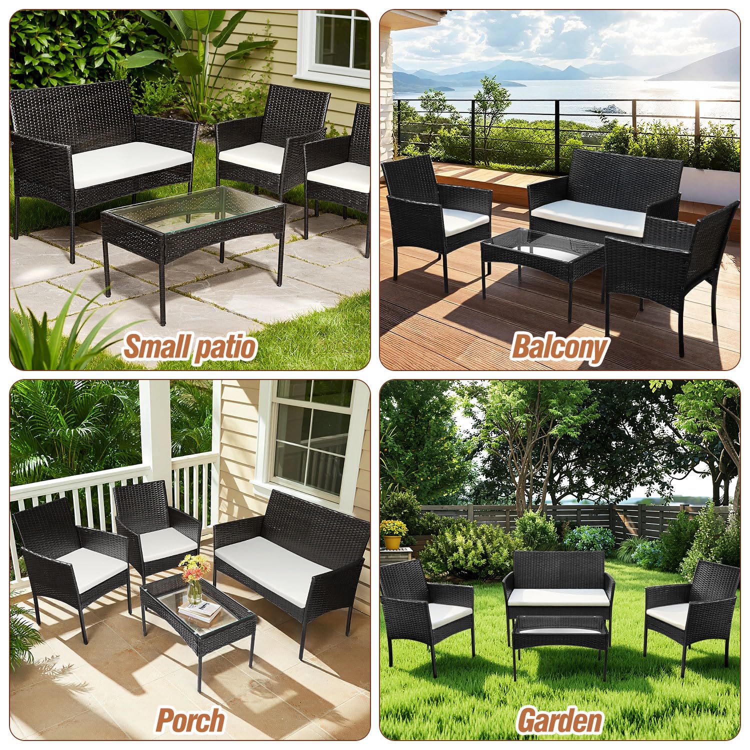 Set di mobili da giardino in rattan sintetico, 4 pezzi, con tavolo in vetro, 2 poltrone e panca a 2 posti, con cuscini da 5 cm, per balcone, terrazza, giardino, colore nero
