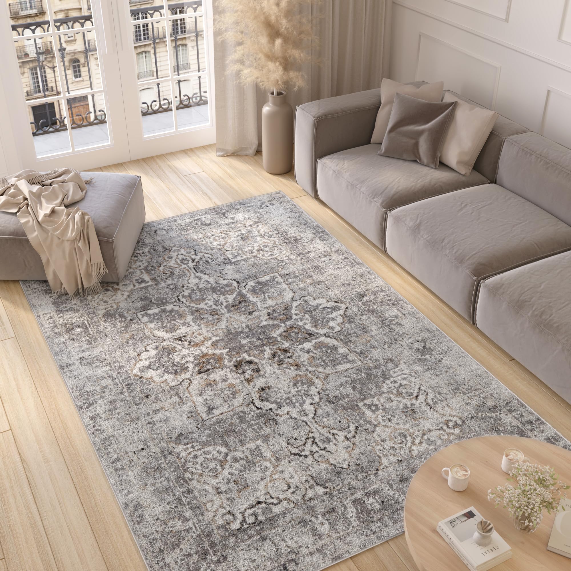 Tapis haut de gamme traditionnel gris et beige TAPISO Valley motif ornemental