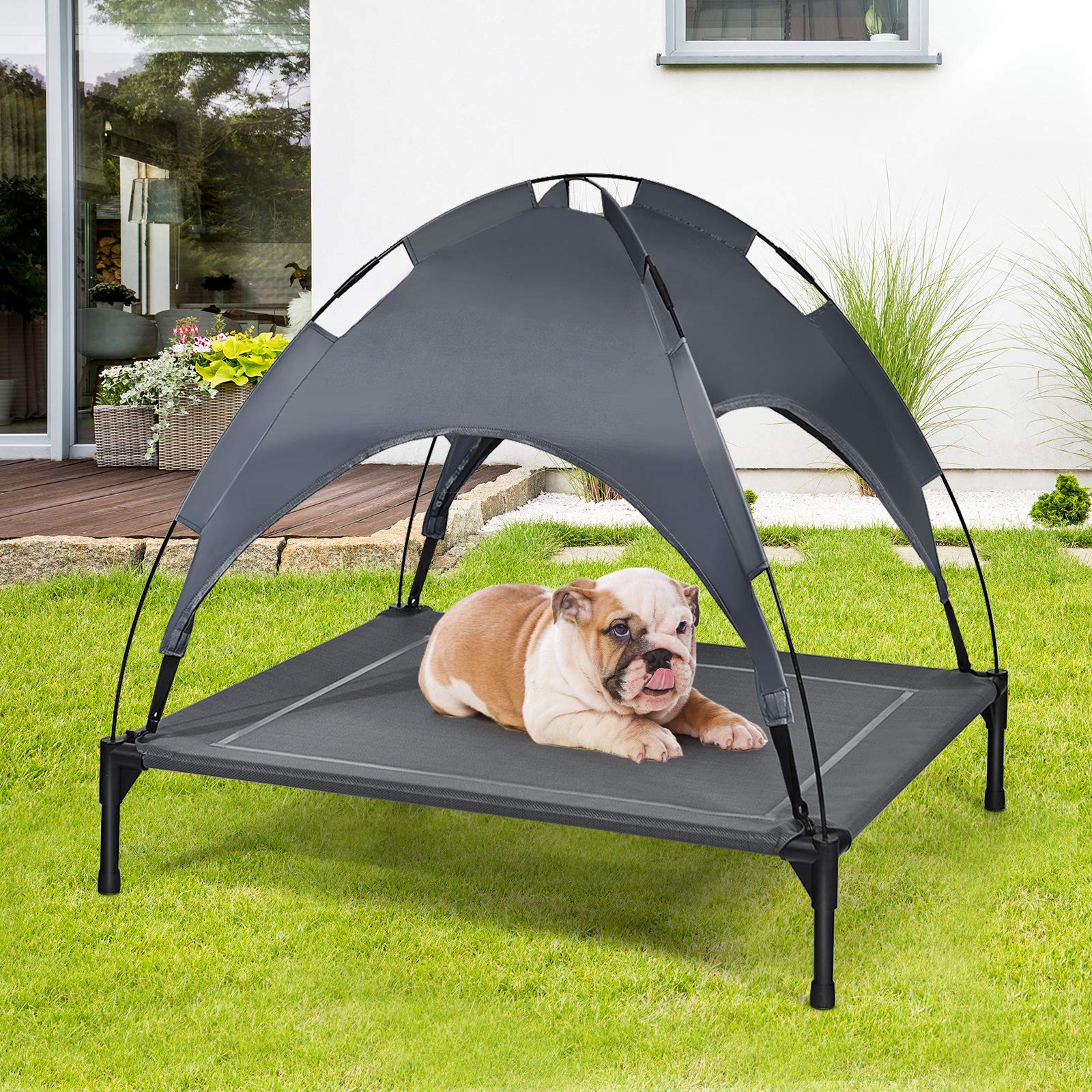 GOPLUS Tumbona para perros con techo, cama elevada para perros, cama para mascotas con marco de hierro, sofá impermeable, cama para perros y gatos con toldo, almohadilla antideslizante para los pies
