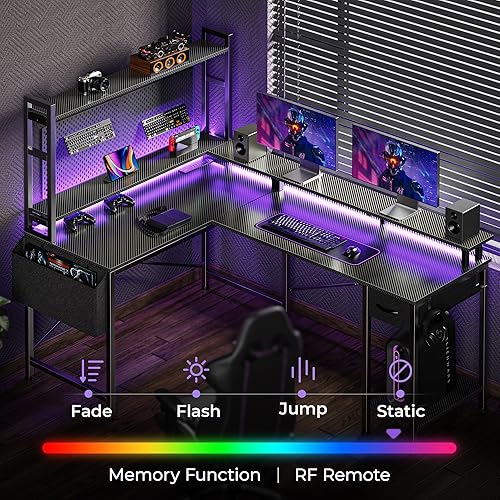 Miniatura 4 de Huuger Escritorio en forma de L para juegos con luces LED y tomas de corriente, escritorio de computadora con estantes de almacenamiento, escritorio