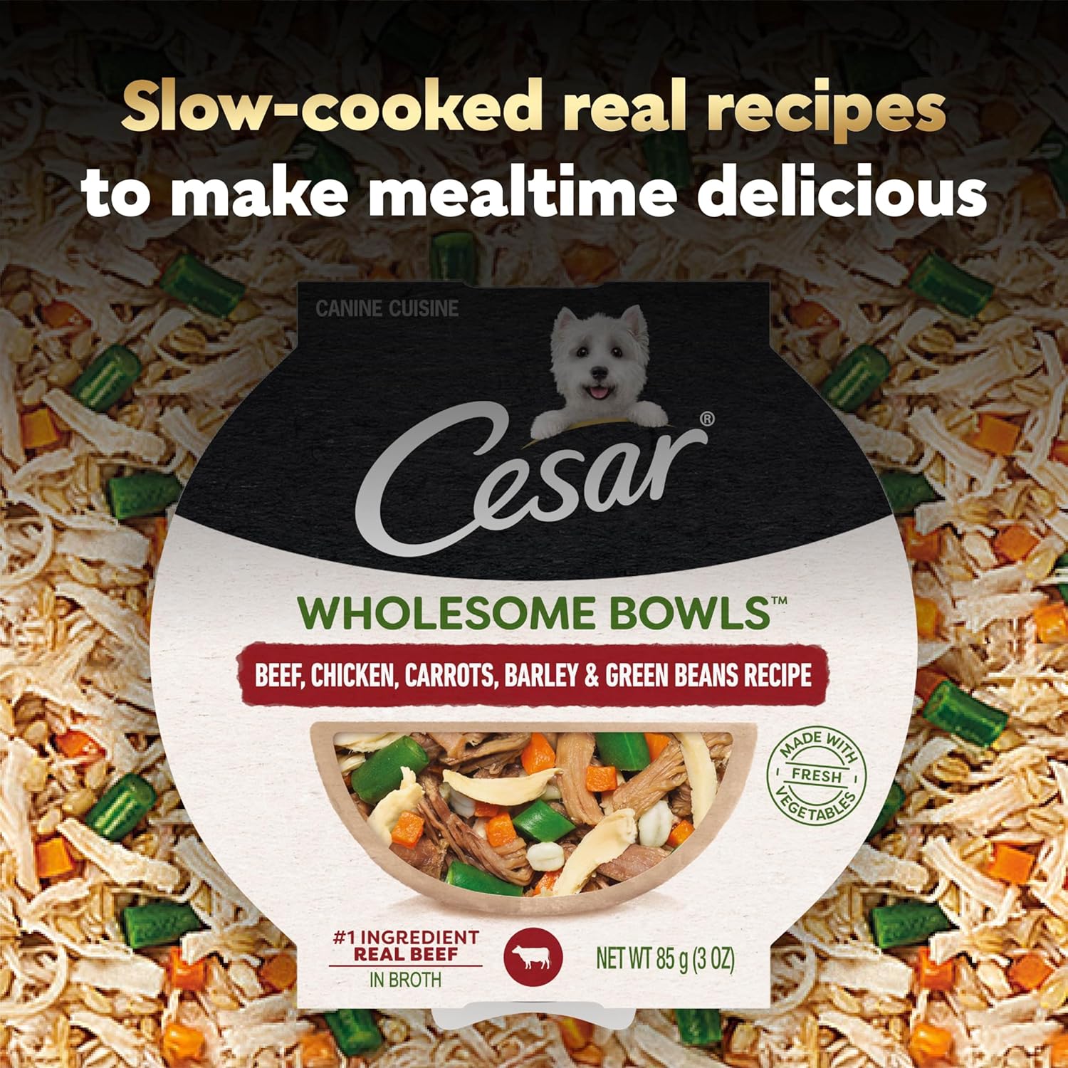 Cesar Wholesome Bowls Adult Wet Dog Food, Beef, Chicken, Carrots, Barley & Green Beans Recipe, Wet Food for Dogs, 3 oz., 10 Count
