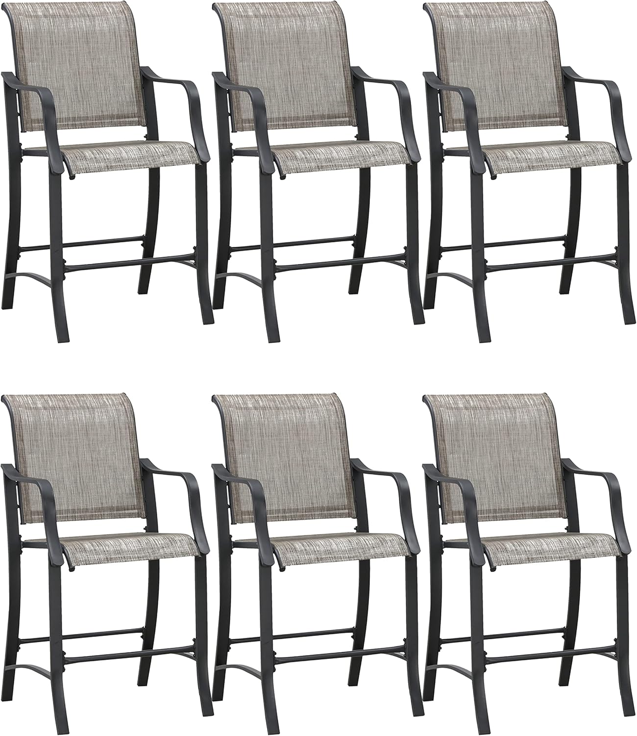 Festival Depot 6 Pcs Patio Outdoor Bar Stool Height Dining Chair with High Textilene Backs Metal Frame Furniture for Pub Counter Deck Pool Garden Yard (Grey)