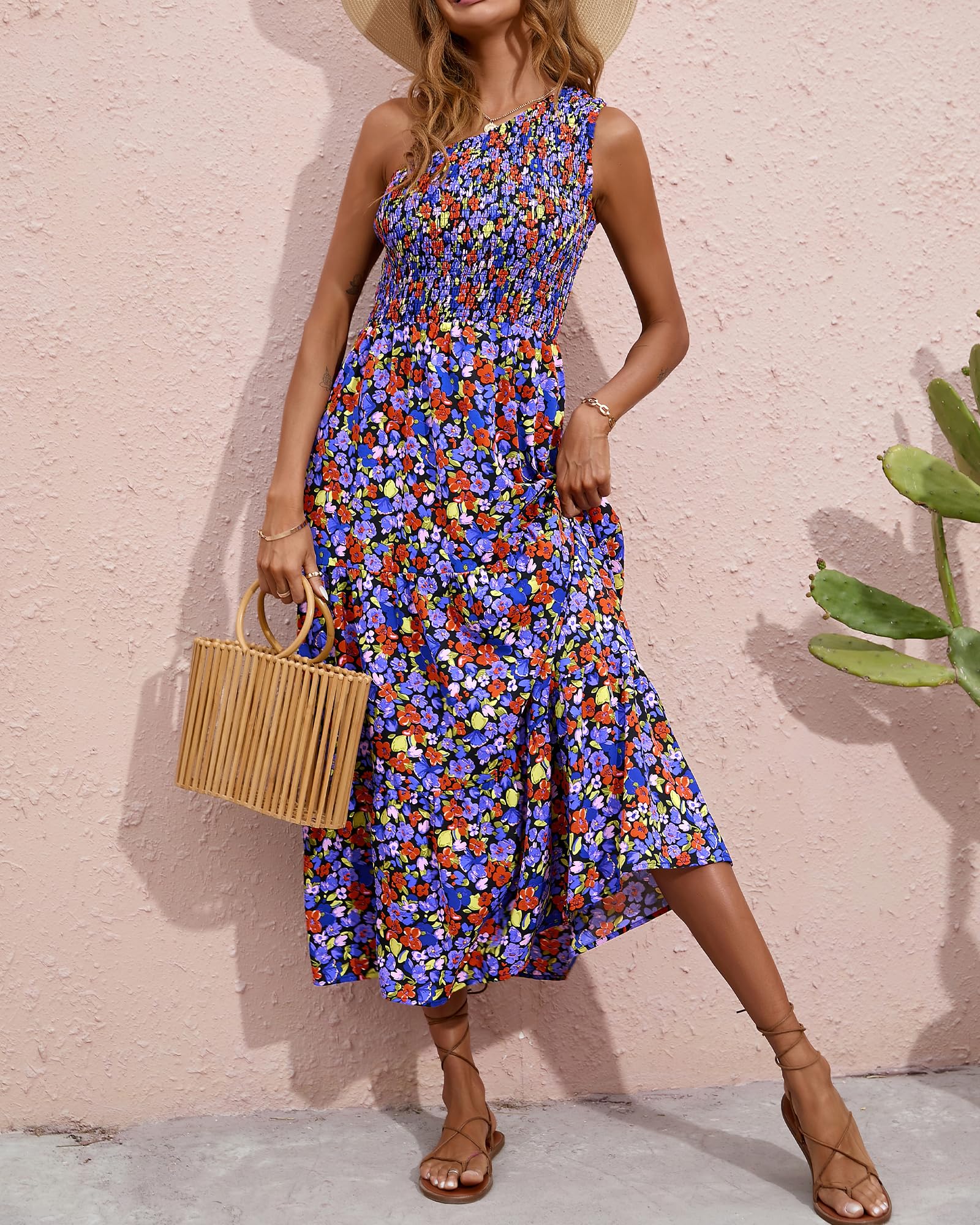 BTFBM 2025 Summer One Shoulder Dresses for Women Casual Sleeveless High Waist Floral Flowy Smocked Boho Beach Maxi Dress