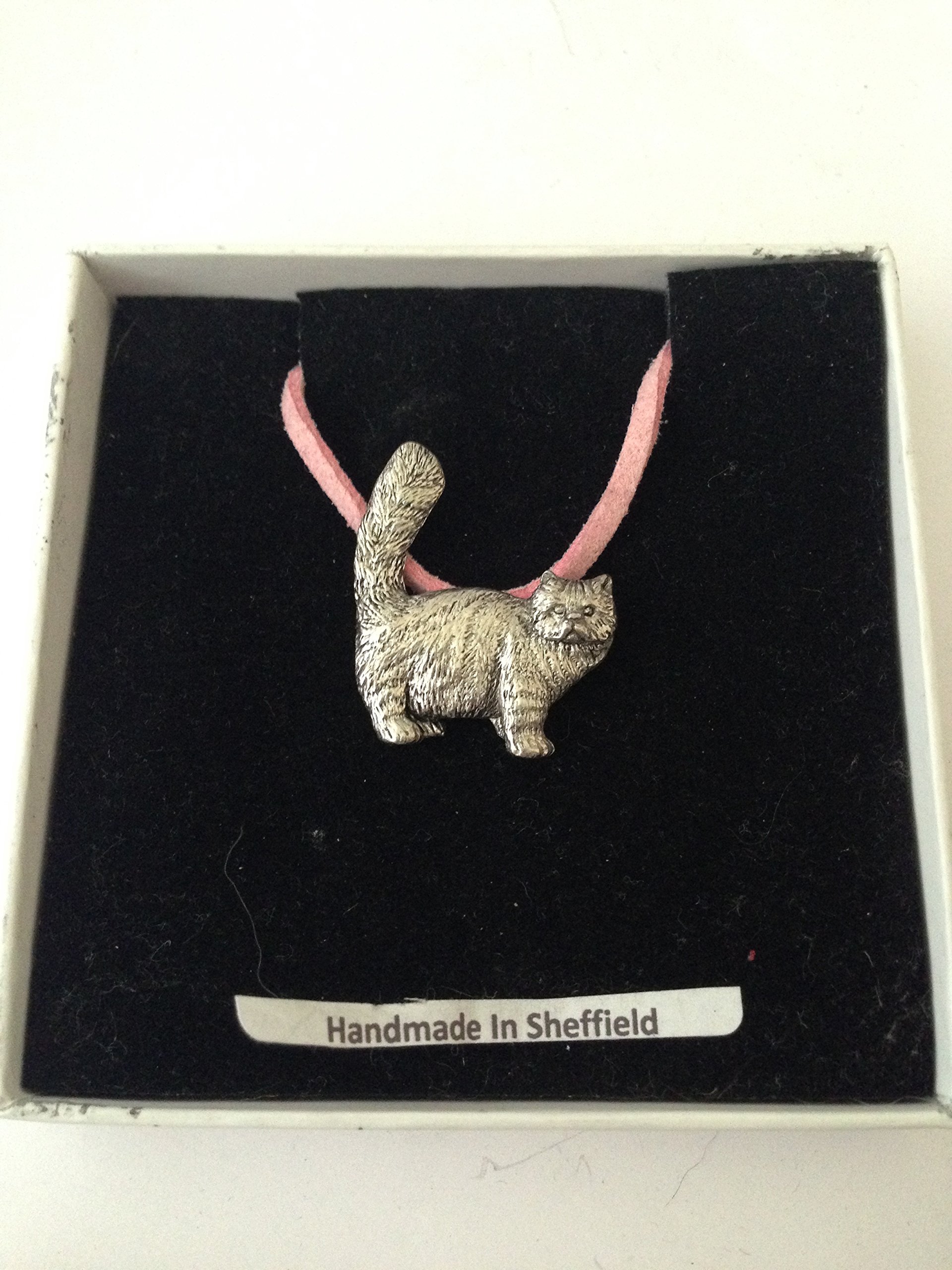 Tabby Persian Cat PP-C01 English Pewter on a Pink Cord Necklace Handmade 41CM