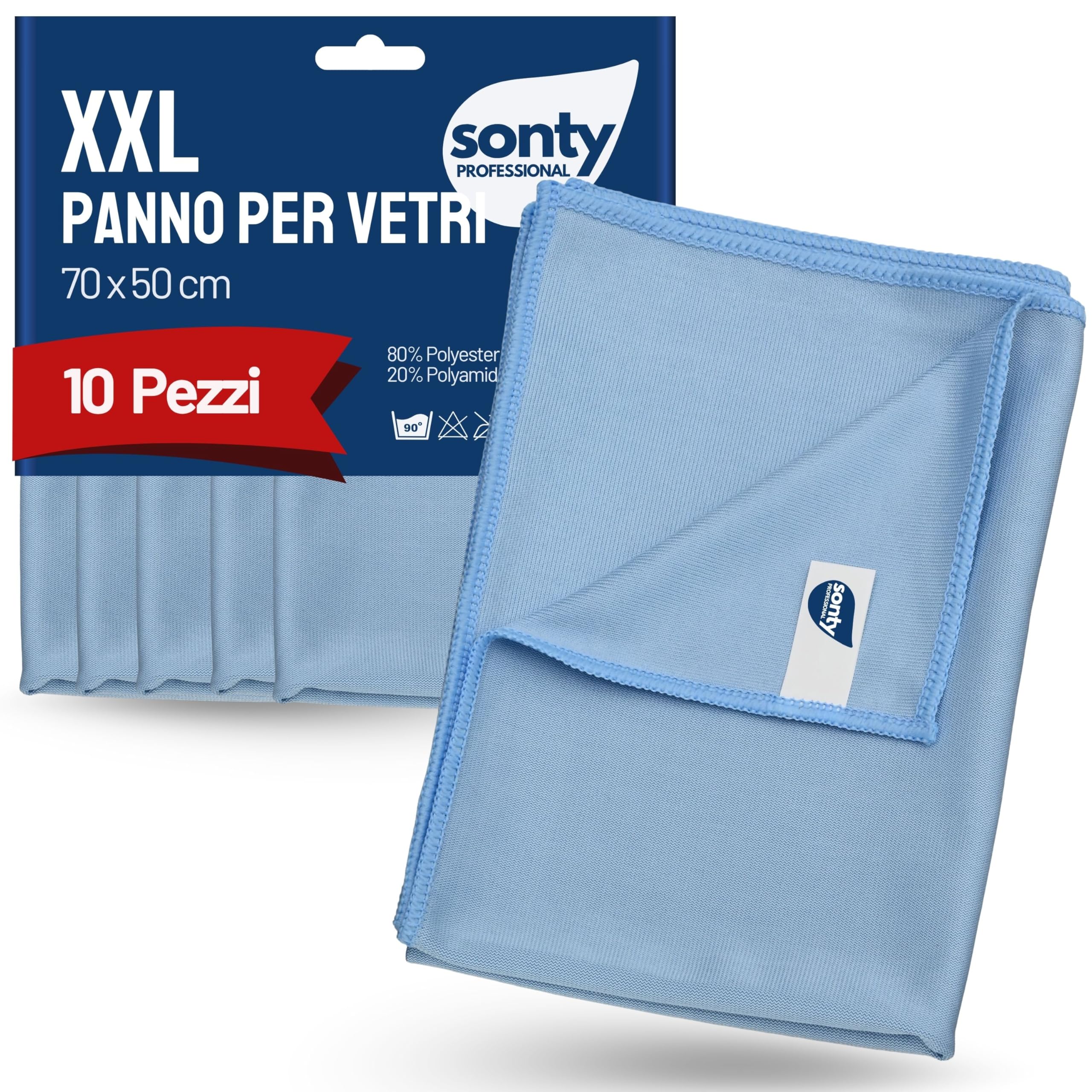 Sonty Panni vetri XL microfibra 50x70 cm – Confezione maxi 10 panni antialone | Panno vetri & panno magico per specchi e cucina | Lavabile 40–90°C (Blu)