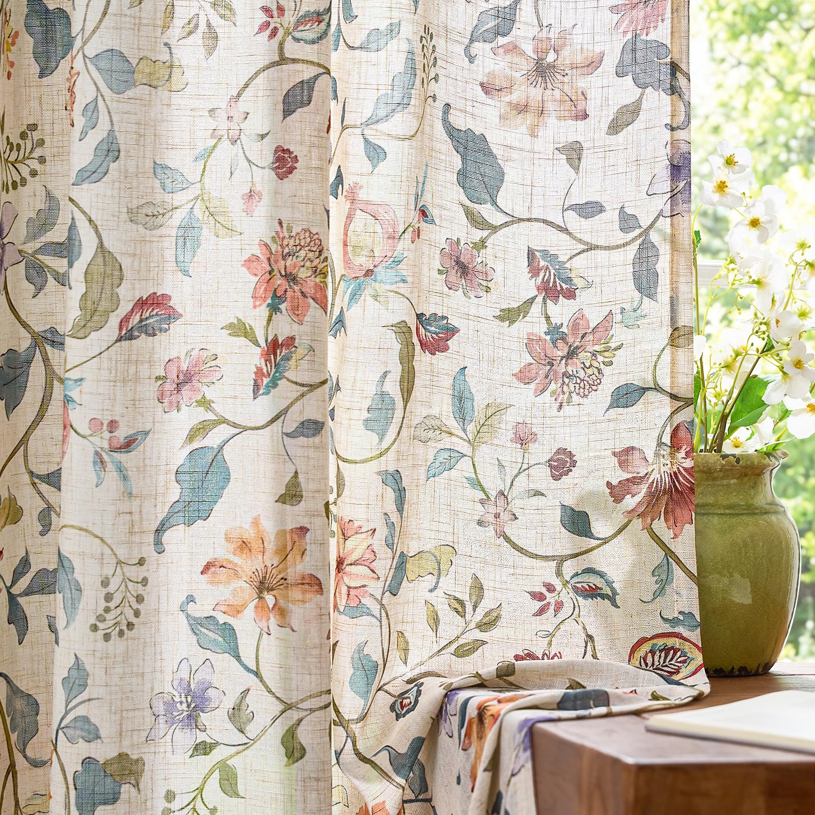 カーテン koa Amazon.com: jinchan Beige Floral Linen Curtains 84 Inch Farmhouse