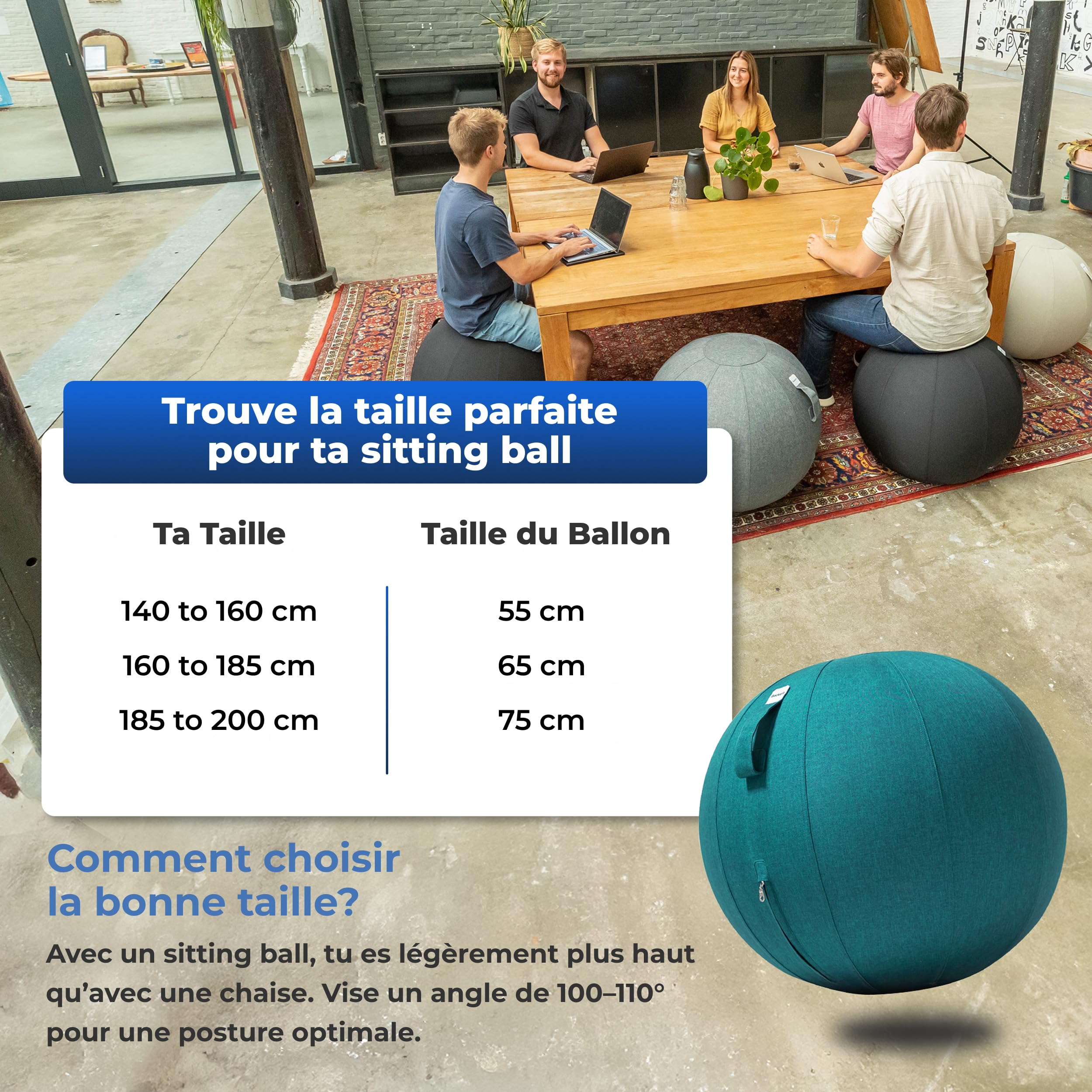 Ballon Ergonomique Bureau 55CM 65CM 75CM Capacité 110kg Housse Lin Lavable Bonne Posture