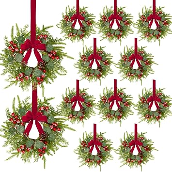 Waipfaru 12 Pcs Small Christmas Wreath, Mini Wreaths for Cabinets