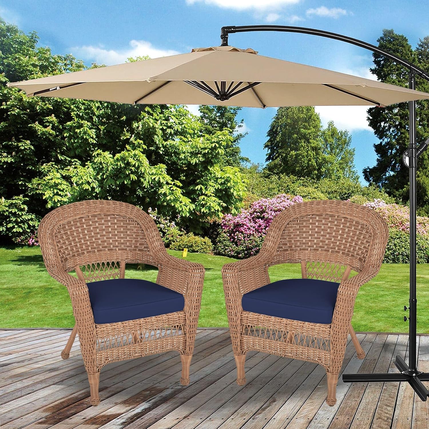 Jeco Wicker Chair with Blue Cushion, Set of 2, Honey/W00205-