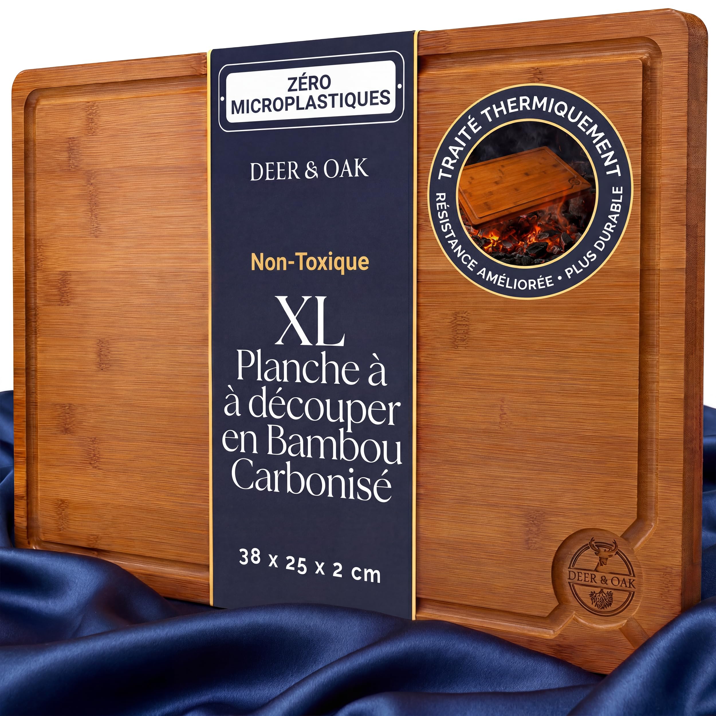 Deer & Oak Planche à découper XL en bambou carbonisé 38 x 25 x 2 cm, planche en bois pré-huilée pour couper viande, poisson, légumes, fruits, fromage et pain