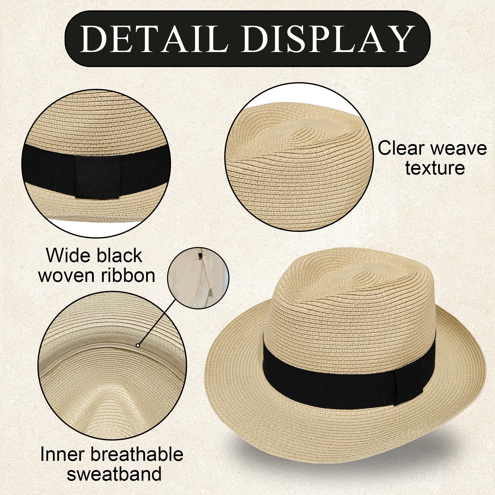 Sombrero de Paja de ala Ancha, Banda elástica, Ligera, protección UV, Unisex