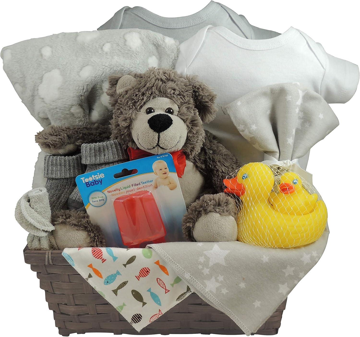 Baby Gift Basket Unisex, Set of 2 Cotton Onesie, Fleece Blanket and a Receiving (swaddling