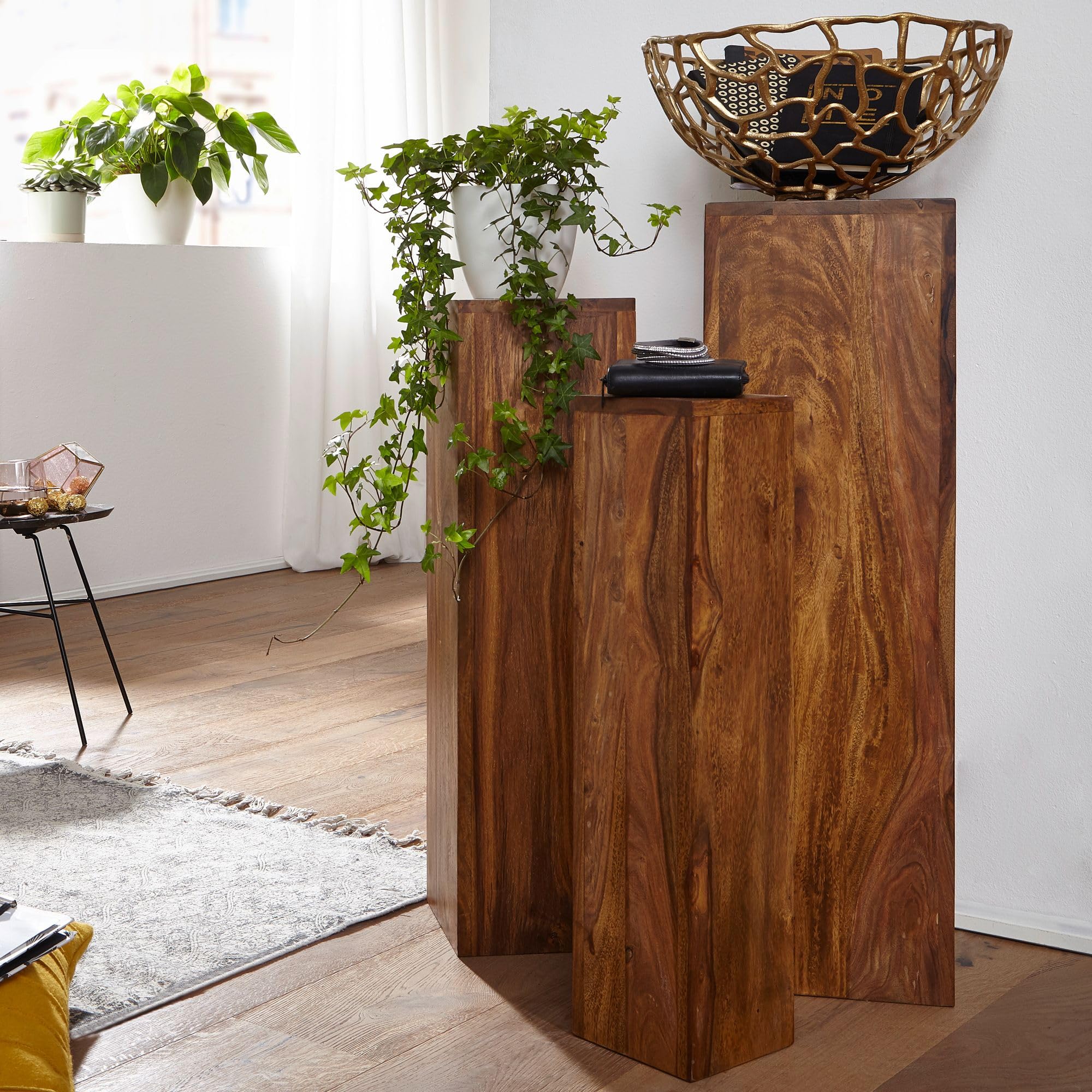 FineBuy Beistelltisch 3er Set Sheesham Massivholz, Säulentisch