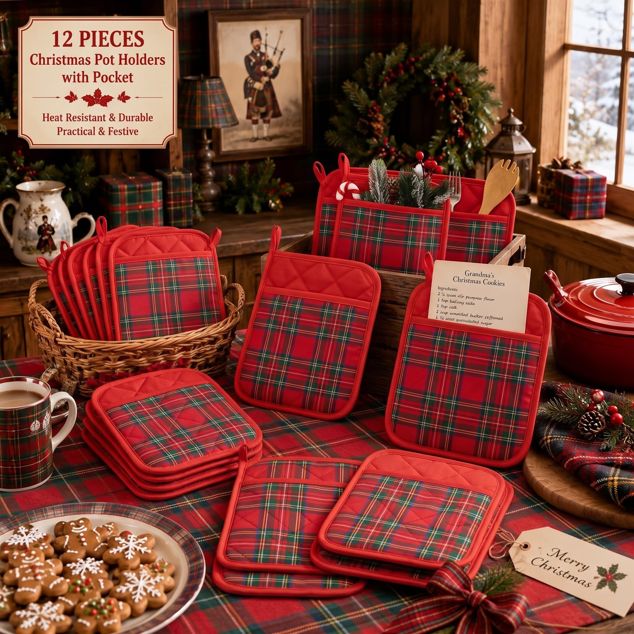 WILLBOND Lot de 12 maniques de Noël avec poche pour cuisine - Résistants à la chaleur - Pour la cuisson (rouge, vichy rouge)