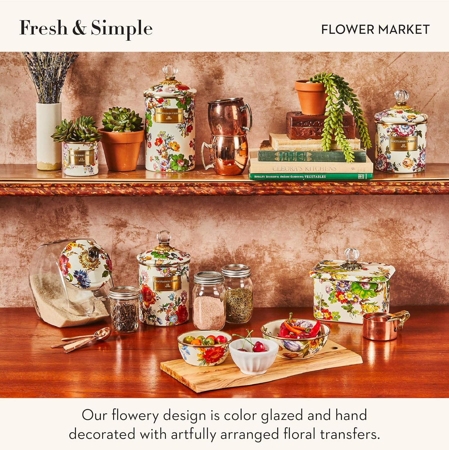 MACKENZIE-CHILDS Small Enamel Canister, Kitchen Storage Container for Flour and Sugar, 1.13 Liters, White Flower Market