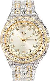Luxury Men's Bling-ed Out Diamond Watch - Double Pave Crystal Bezel and Adjustable Iced Out Band - Roman Index Dial with Crystal Indicators - Quartz Movement - 14k Gold, Silver, & Two-Tone Finish