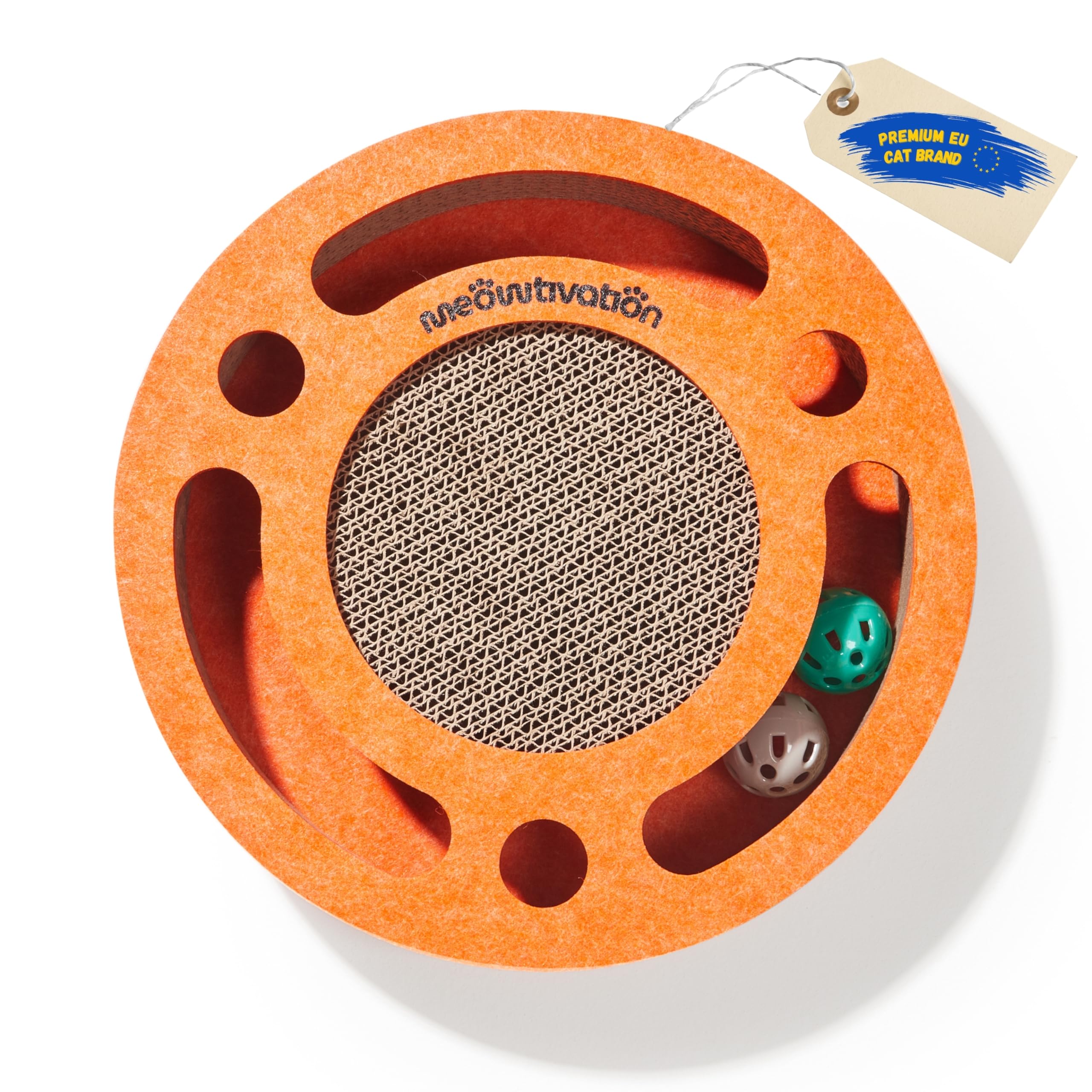 Kratzbrett mit Ballbahn und Glockenbällen – Interaktives Katzenspielzeug, Kratzpappe für Katzen mit Katzenminze, Kratzmatte aus Wellpappe, Katzenzubehör (Orange)