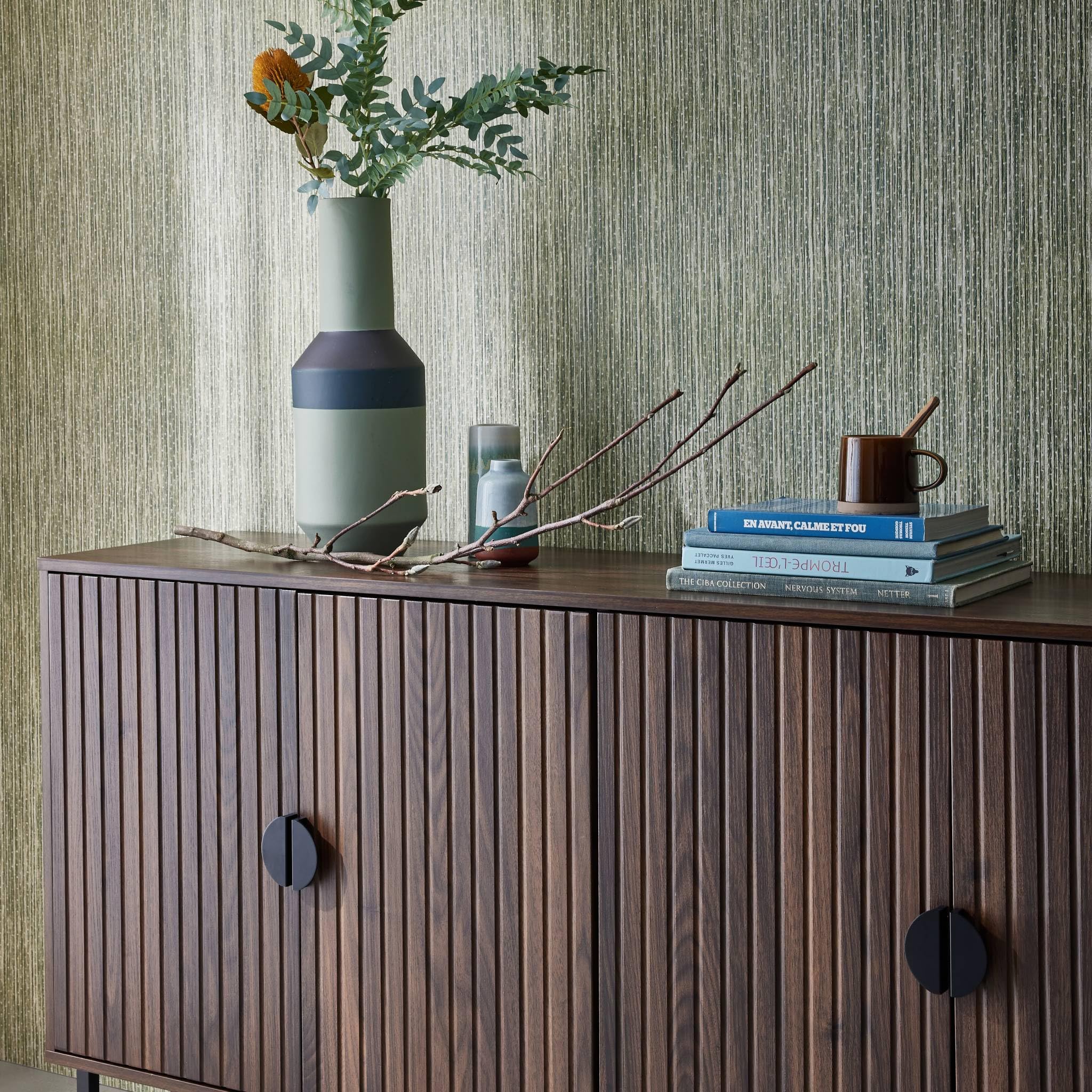 Alice's Garden sweeek - Buffet de Rangement Effet Bois foncé. Bazalt. Quatre Portes. Deux étagères. Buffet Haut. vaisselier. L 157.5 x l 39 x H 83cm