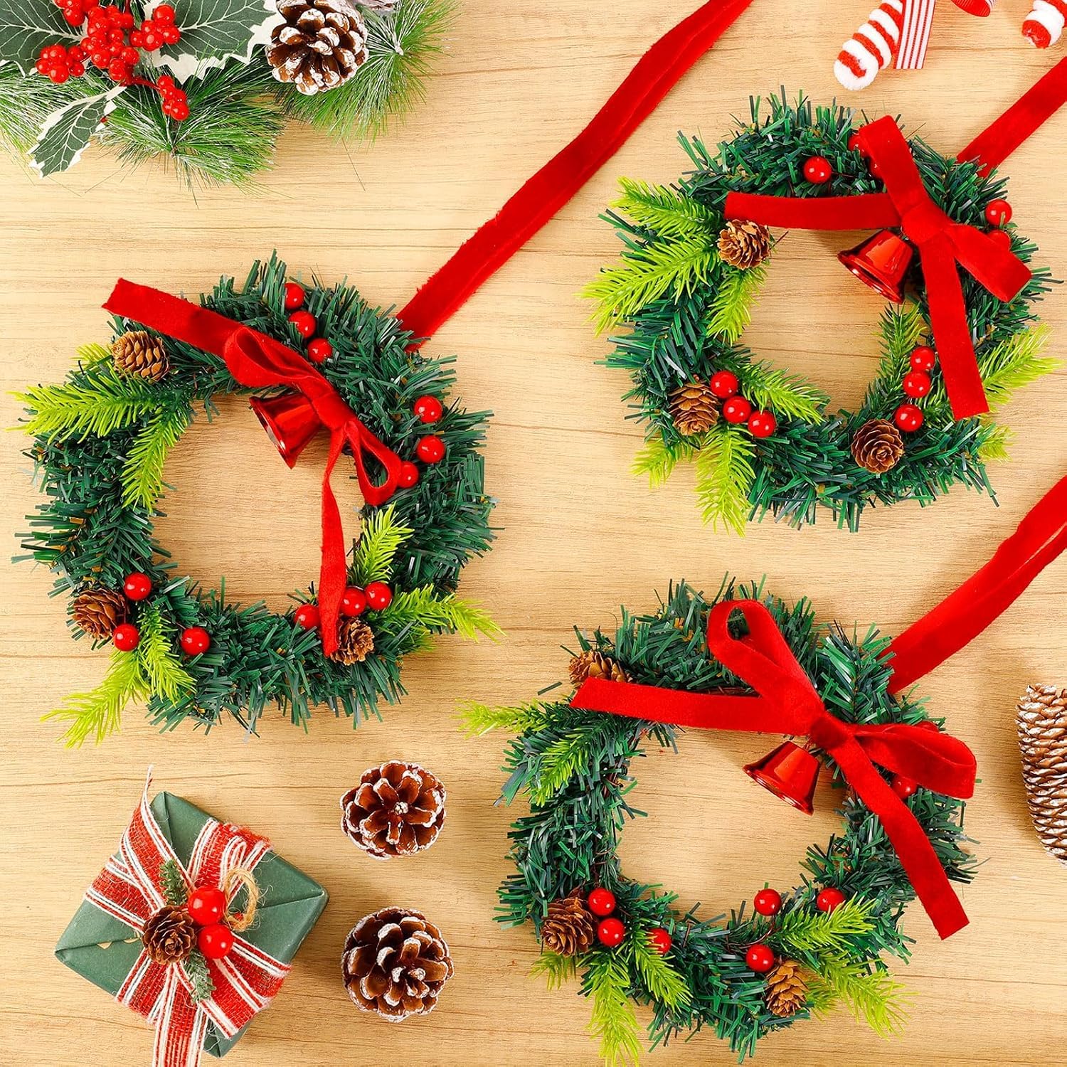 8 Pcs Mini Christmas Wreath, 7.87 Inch Christmas Kitchen Cabinet Wreaths with Velvet Ribbon and Berry, Small Christmas Wreaths for Cabinets Window Front Door Porch Wall Decor