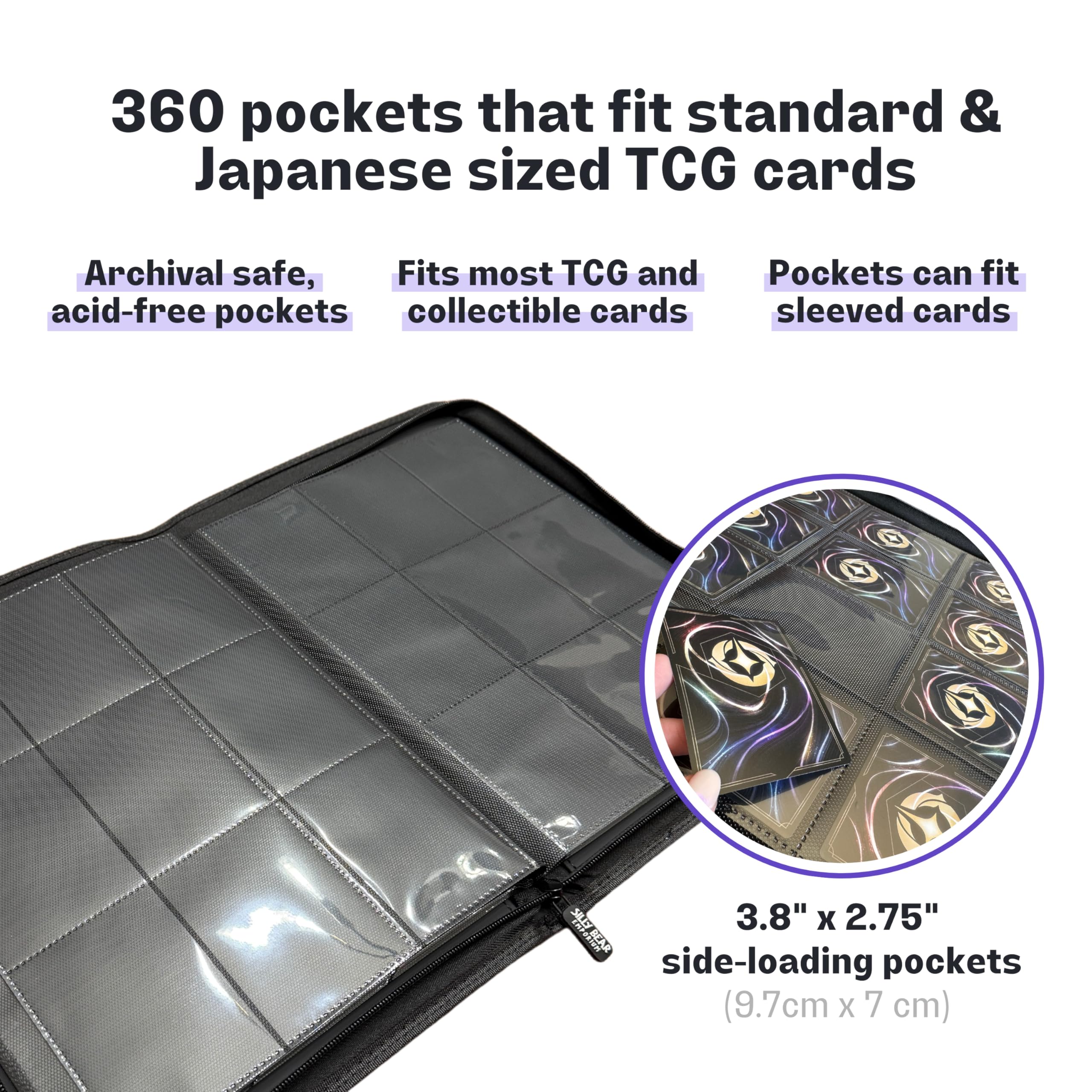 Premium Silly Bear Emporium Lorcana Card Back Themed 360 Side-Loading Pocket Binder for TCG Trading Cards | Compatible with Lorcana, Yugioh, One Piece, Pokemon, Magic (9 Pockets - Black)