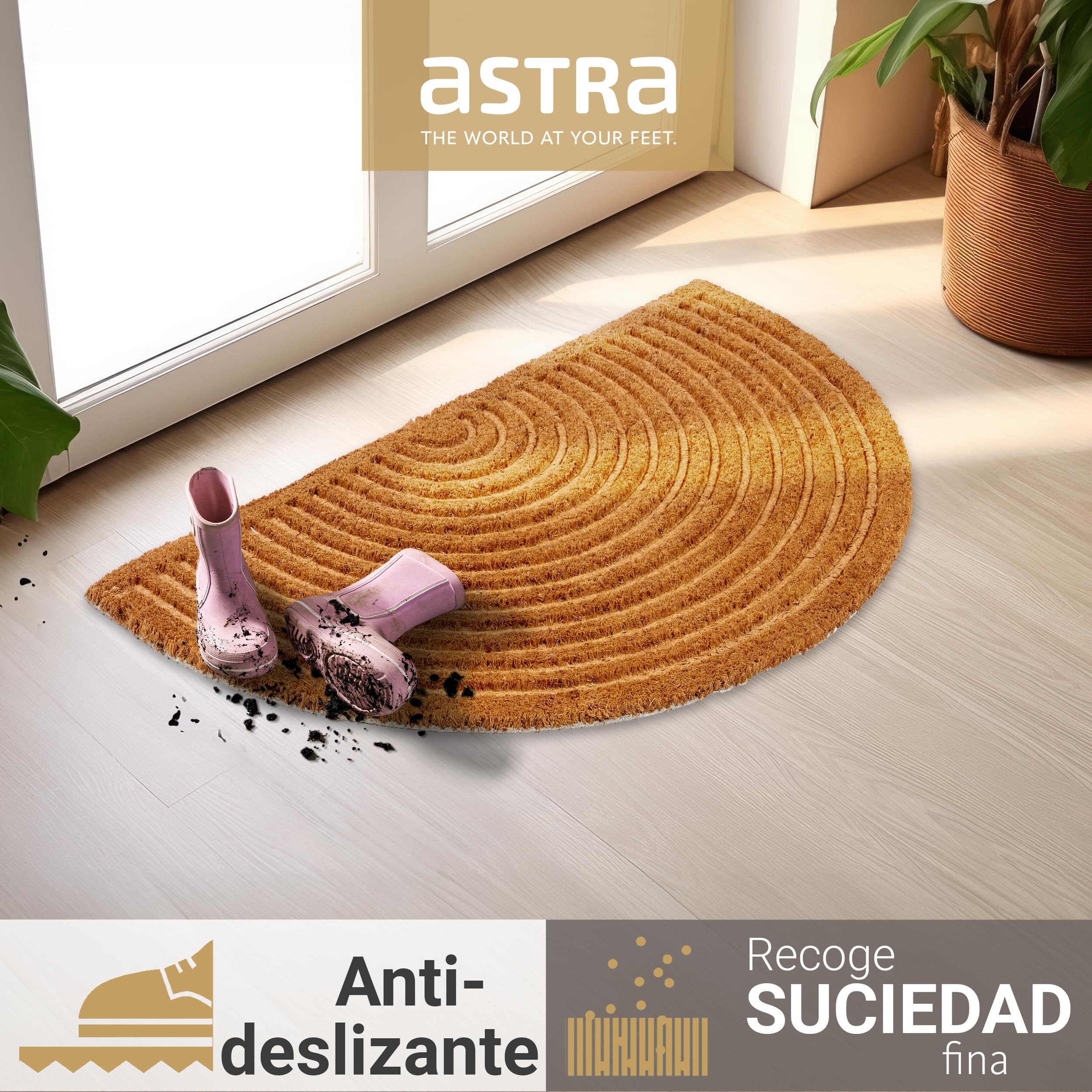 Felpudo Moderno - Estera de Coco 45x75cm Semicircular Natural - Antideslizante y Atrapa Suciedad Robusto - Interior y Exterior