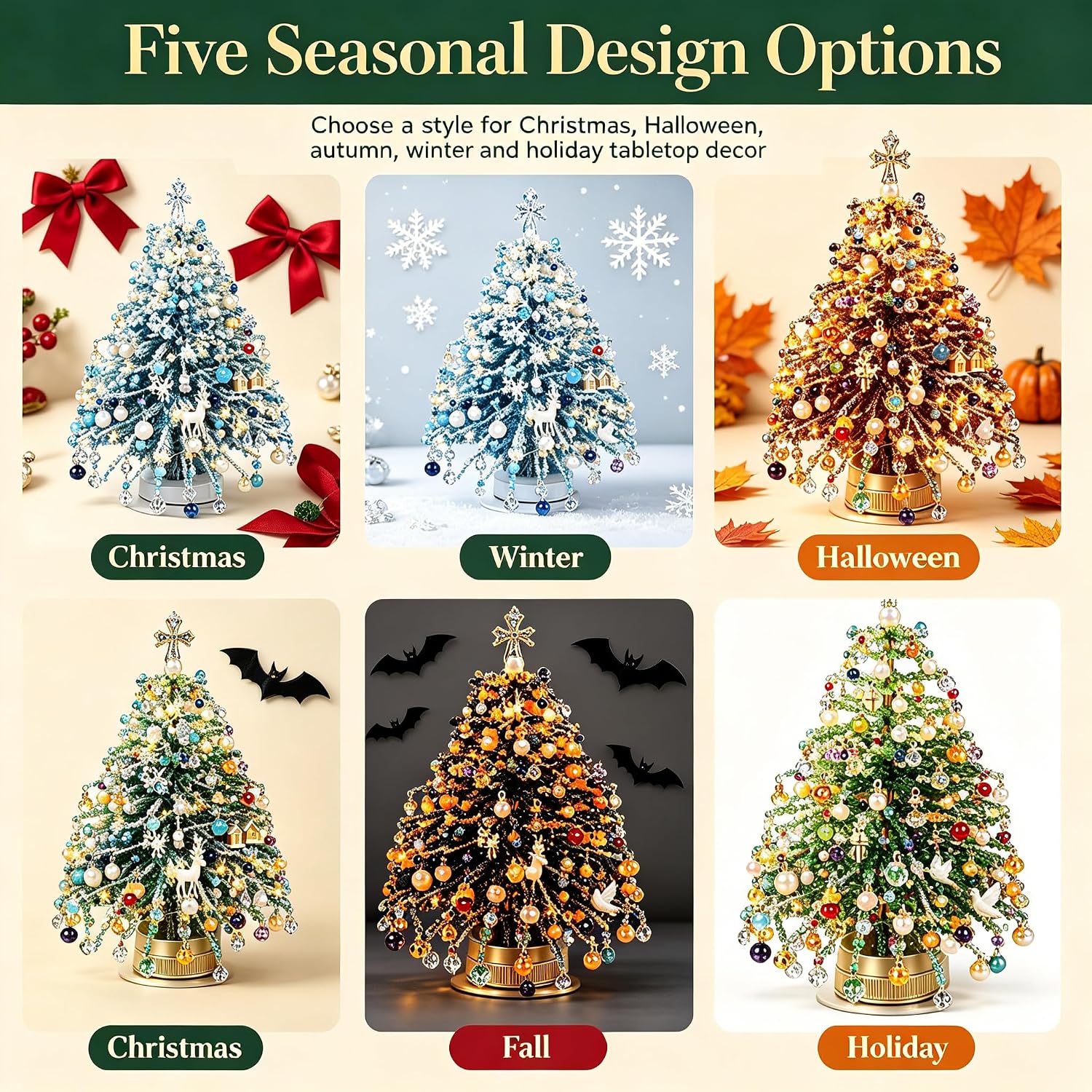 DIY Beaded Christmas Tree Kit 3D Crystal Bead Pearl Handmade Art Create Your Own Sparkling Holiday Decoration Beading Craft Set Christmas Tree Halloween Fall (Five-piece Set) image 3