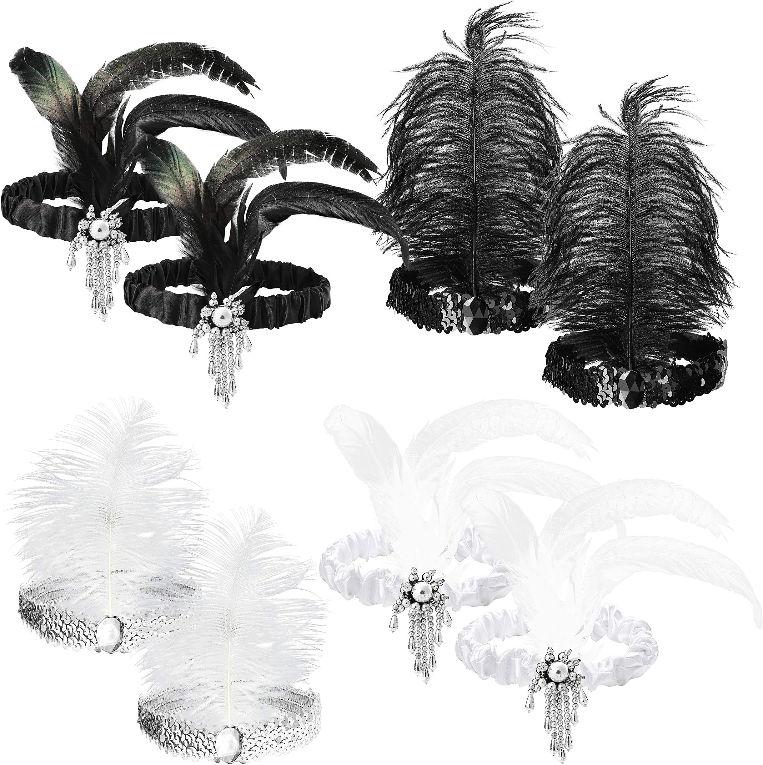 WATINC 8pcs 1920s Flapper Headband,Black and White Sequin Headband with Feather Jewel Detail, Great Gatsby 1920s Hair Accessory, Roaring 20s Gatsby Costume, Vintage Headpiece for Gatsby Theme Party