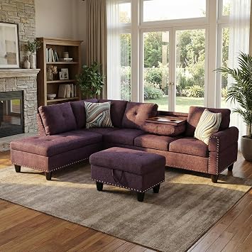 Sectional Sofa L Shaped Couch Modular Sofa Sectional Couch - 3 Piece Small Space Couch with Storage Ottoman, Apartment Living Room Furniture, Comfy Upholstered Purple