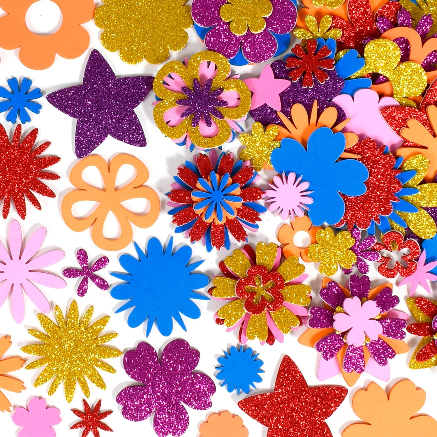 READY 2 LEARN Glitter Foam Stickers, Stacking Flowers, Pack of 144 | 6 Colors and 24 Shapes, Stackable, Self-Adhesive Stickers for Kids, Decorate Crafts, Cards and Posters