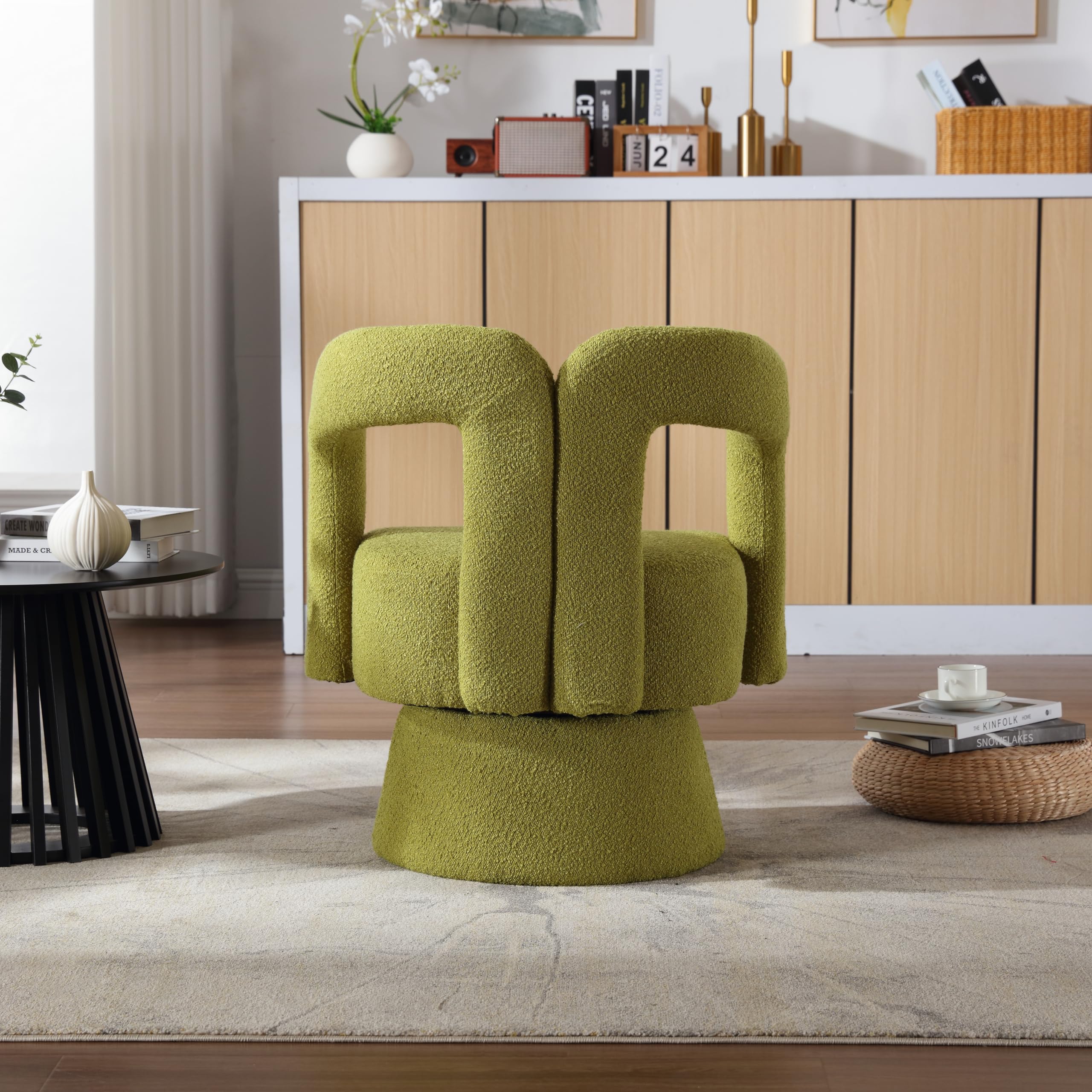 (Old SKU:W1880P163401) 360 Grad drehbare Kuschelfass-Akzentstühle, runde Sessel mit breiter Polsterung, Flauschiger Stoffsessel für Wohnzimmer, Schlafzimmer, Büro, Warteräume, Oliv