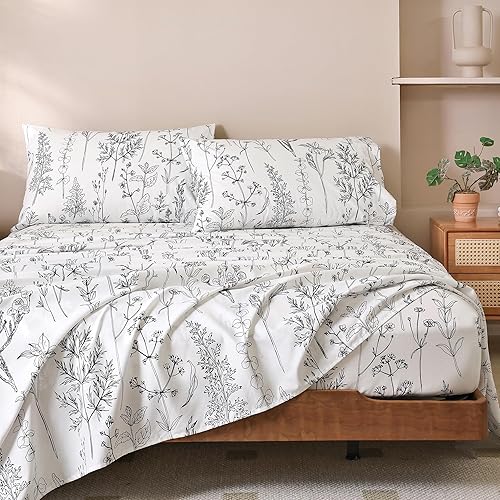 JANZAA King Sheet Set Floral - White Bedding Size Sheets Set - Microfiber Pattern Deep Pocket - Premium Bed Floral Sheets Adjustable - Luxury Soft Sets with High Thread Count
