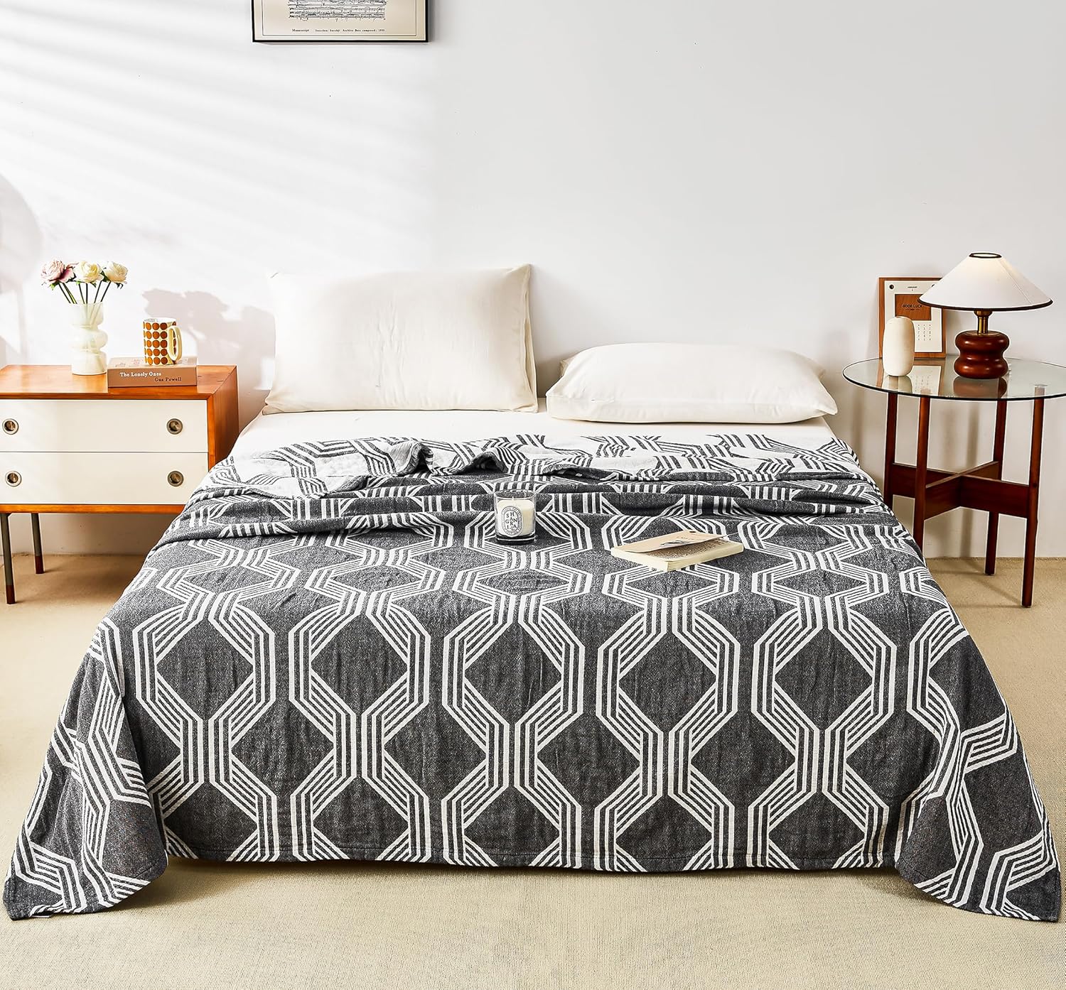 MEJU Black White Modern Checks Fashion Stripe All Season Blanket for Bed Sofa Couch 100% Cotton 3 Layer Soft Warm Reversible Bedspread Throw Blanket Bed Coverlet Sheet Black Twin 60 in x 80 in