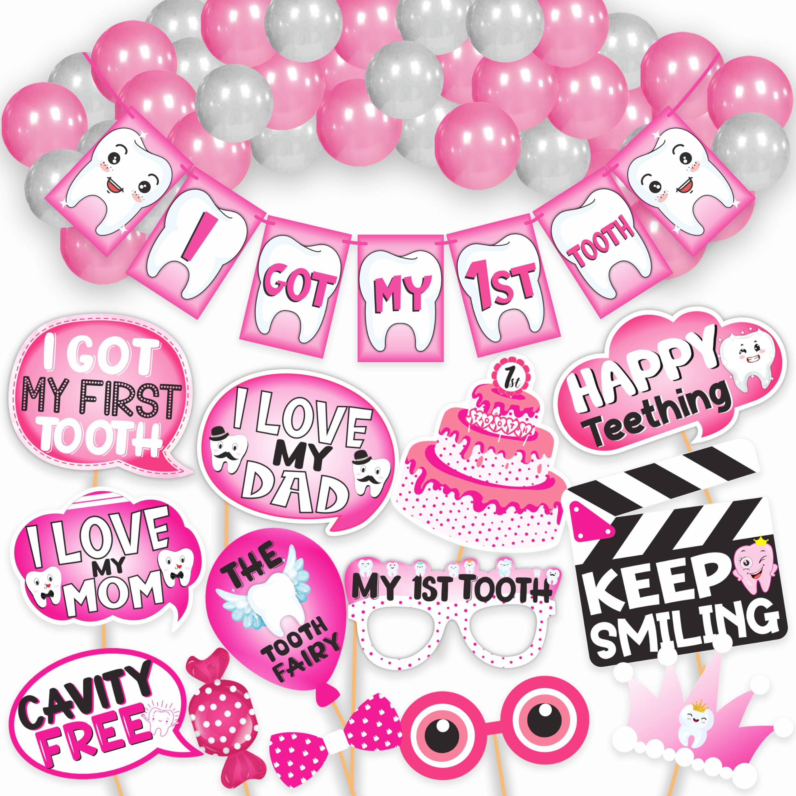 WOBBOX First Tooth Pink 13 Pcs Party Props with I Got My 1st Tooth Bunting Banner, Pink Colour Stylish Font & Balloons, First Tooth Decoration (B0BGC5Z576) Amazon Price History, Amazon Price Tracker