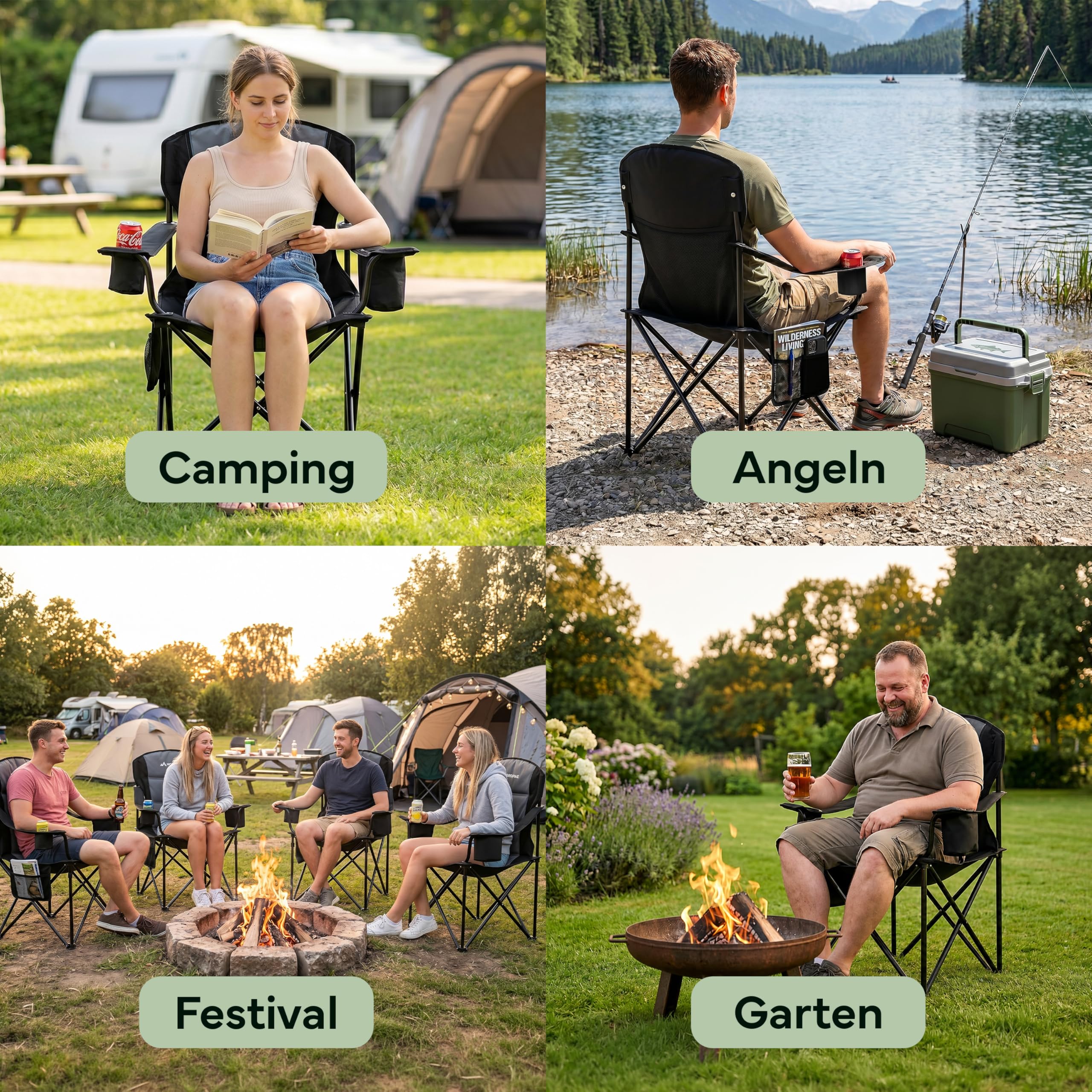 Campingstuhl faltbar bis 250 kg – Stabiler Klappstuhl Camping mit Kühltasche & Getränkehalter – Premium Polsterung & XXL Sitz – Robust & Bequem – Angelstuhl Gartenstuhl inkl. Tragetasche