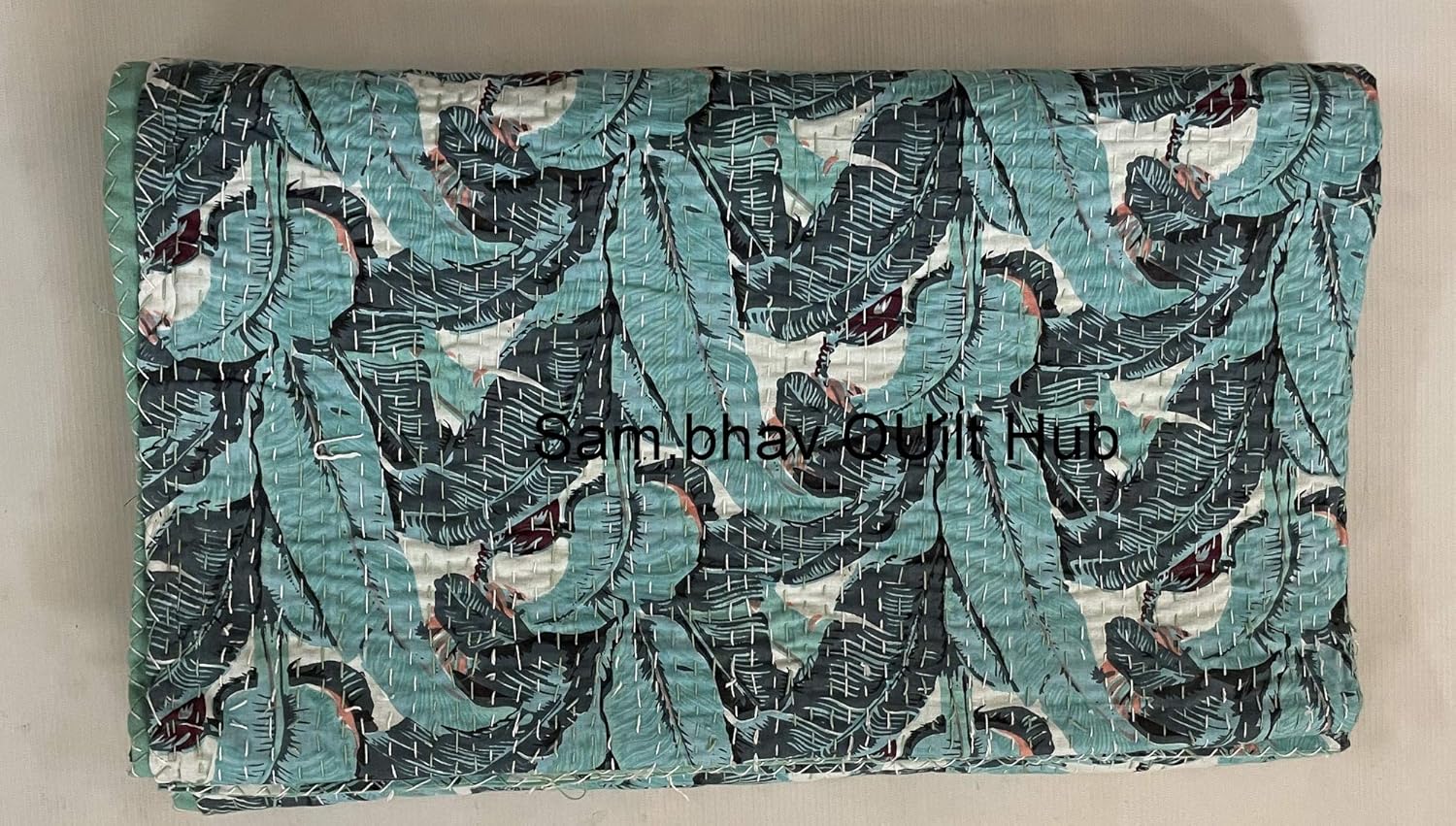 New Fresh Leaves Tropical Handmade Kantha Floral Monstera Plant Banana Leaves Pattern Printed Kantha Quilt Bohemain Boho Hippie Bedding Throw Blanket (Queen/King 90X108 inch)